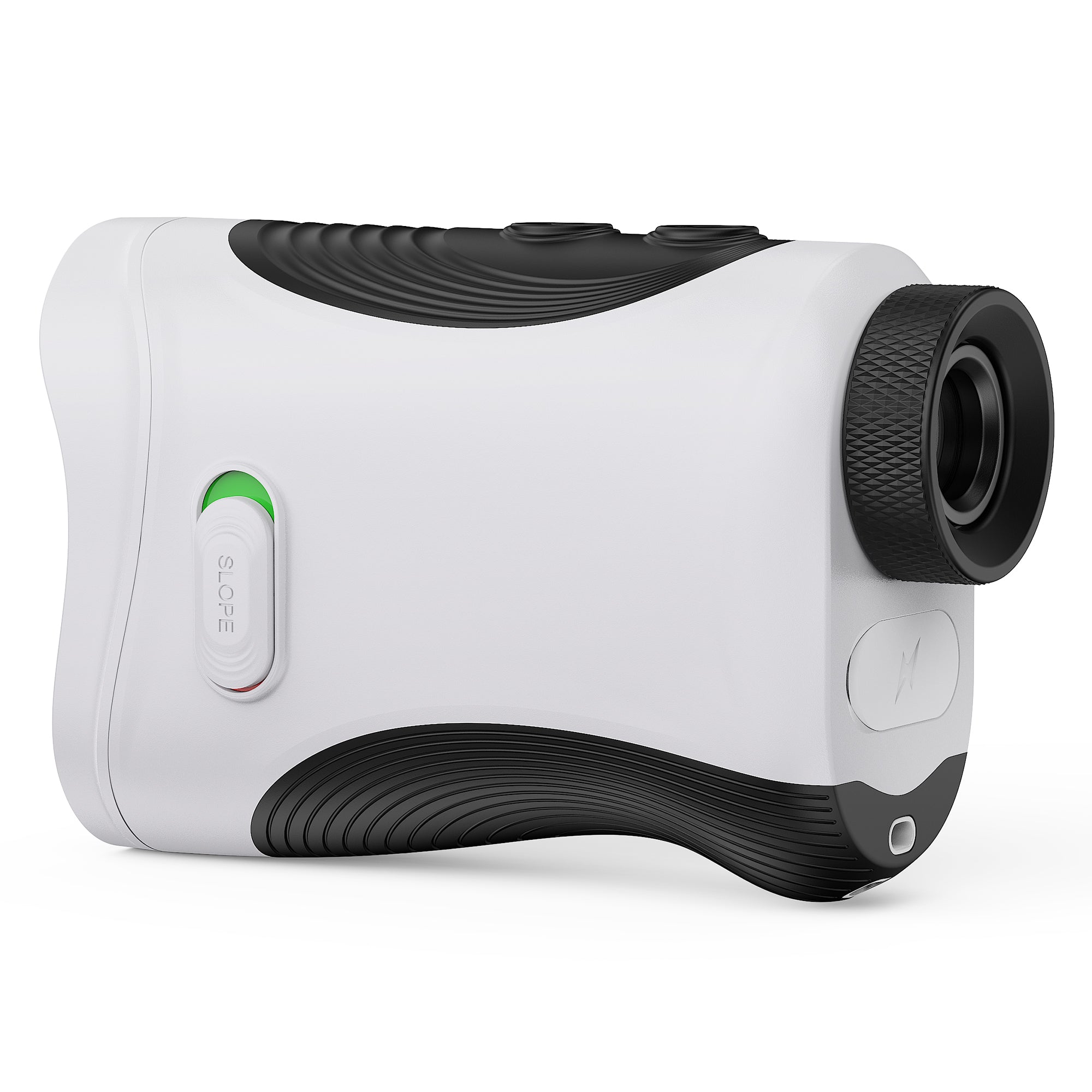 Minener Precision G2 Golf Rangefinder side profile on a white background, highlighting its ergonomic black grip, physical slope switch, and sleek body.