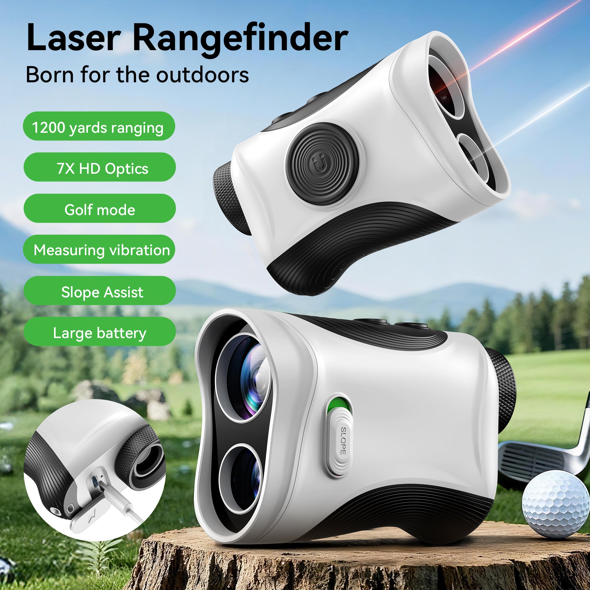 Minener Precision G2 Golf Rangefinder featuring 1200yd range, 7x HD optics, slope switch, flagpole vibration lock, magnetic mount, and Type-C rechargeable battery.