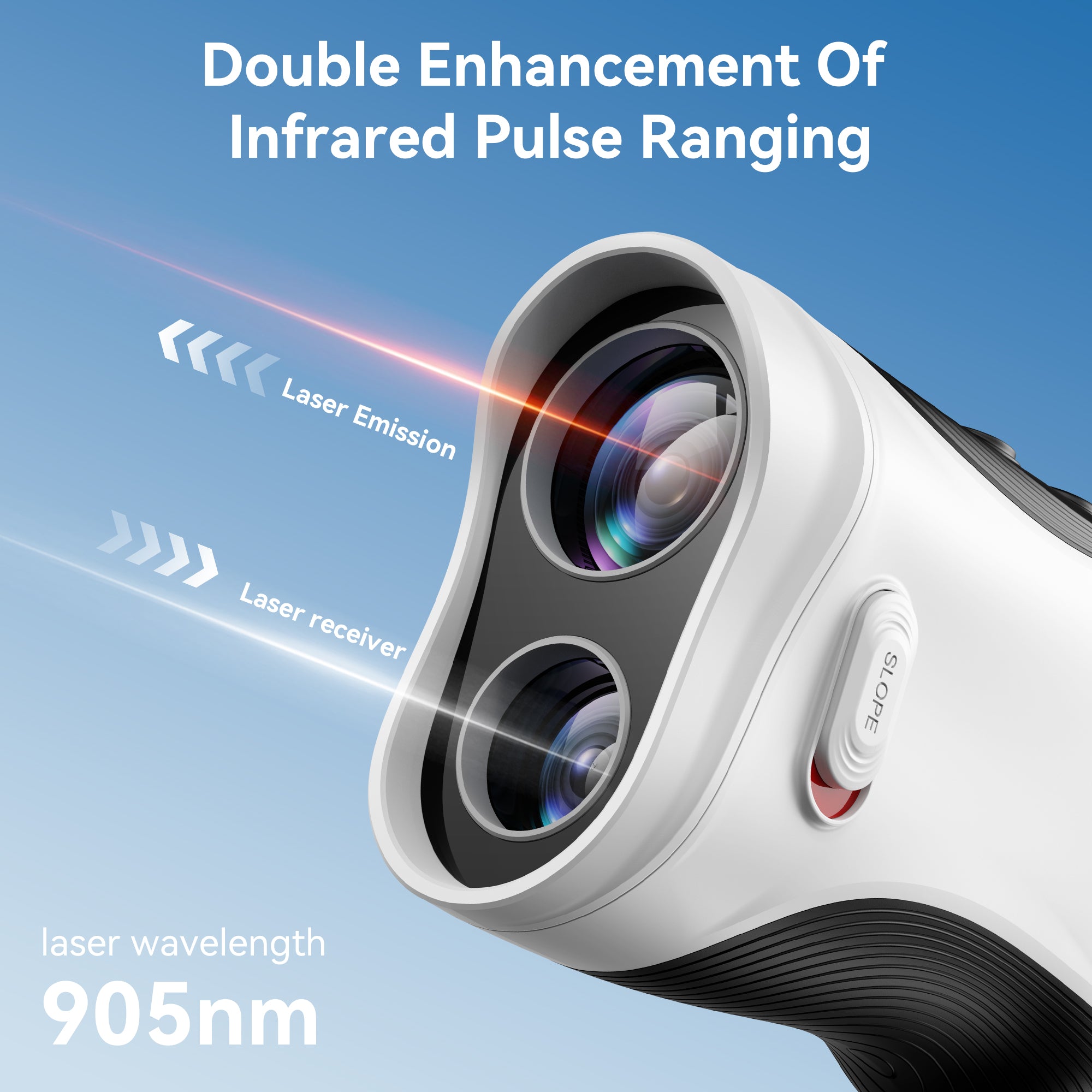 Minener Precision G2 Golf Rangefinder featuring double-enhanced infrared pulse ranging, 905nm laser emission and receiver lenses, plus a physical slope switch.