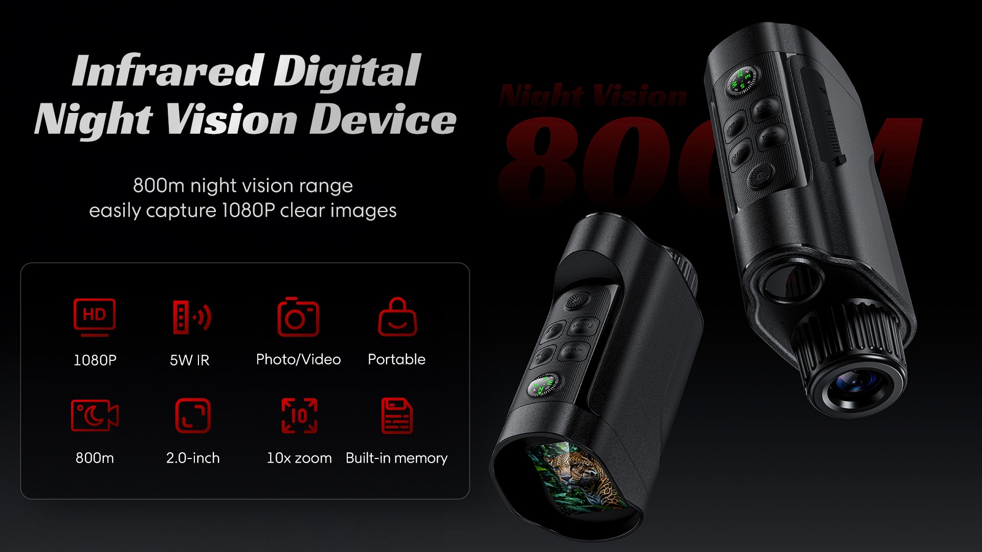Minener MONO-V1 infrared digital night vision monocular with 1080P recording, 5W IR, 800m range, 2.0" display, 10x zoom, portable design.