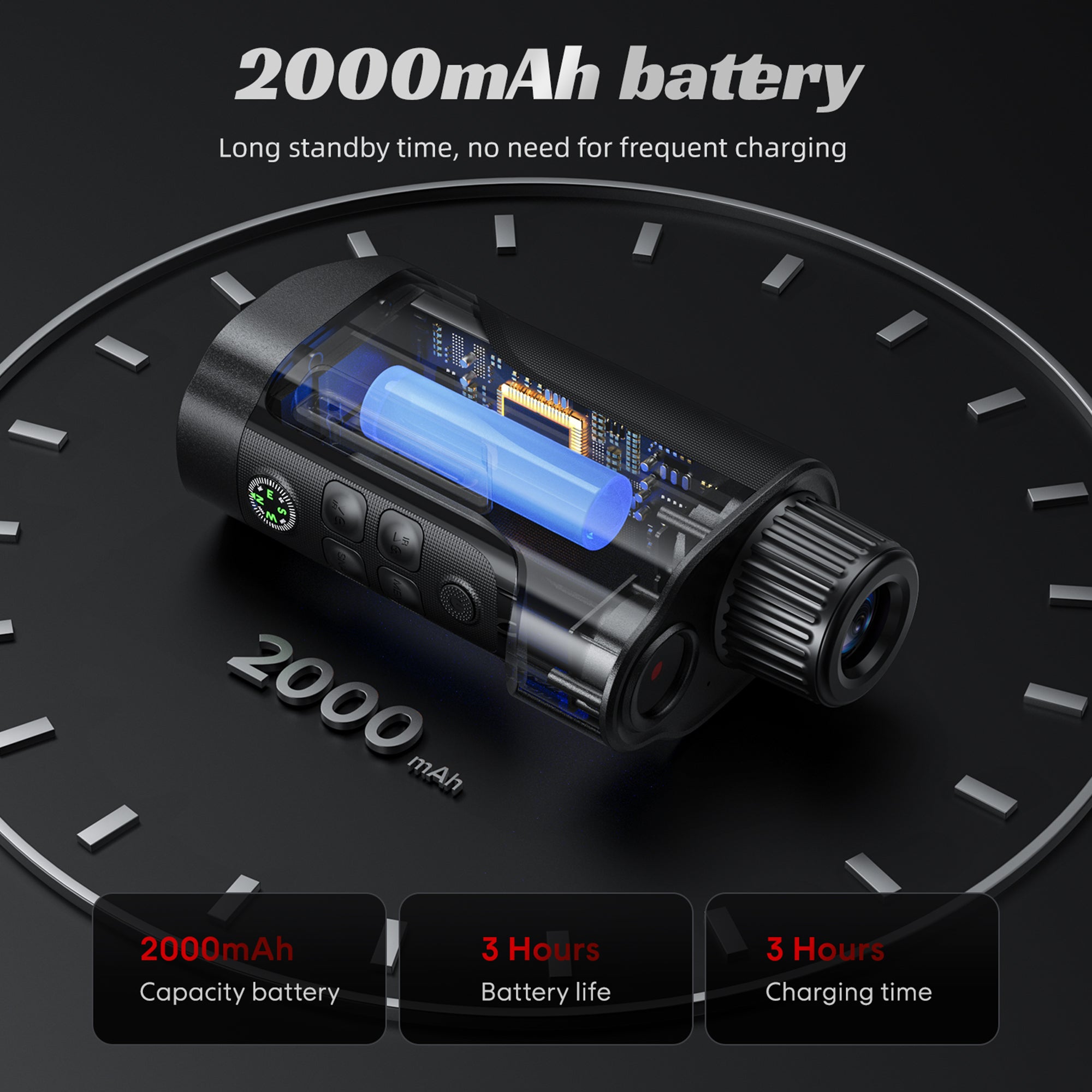 Rechargeable 2000mAh battery for longer standby—about 3 hours runtime and ~3 hours charging for dependable field use.