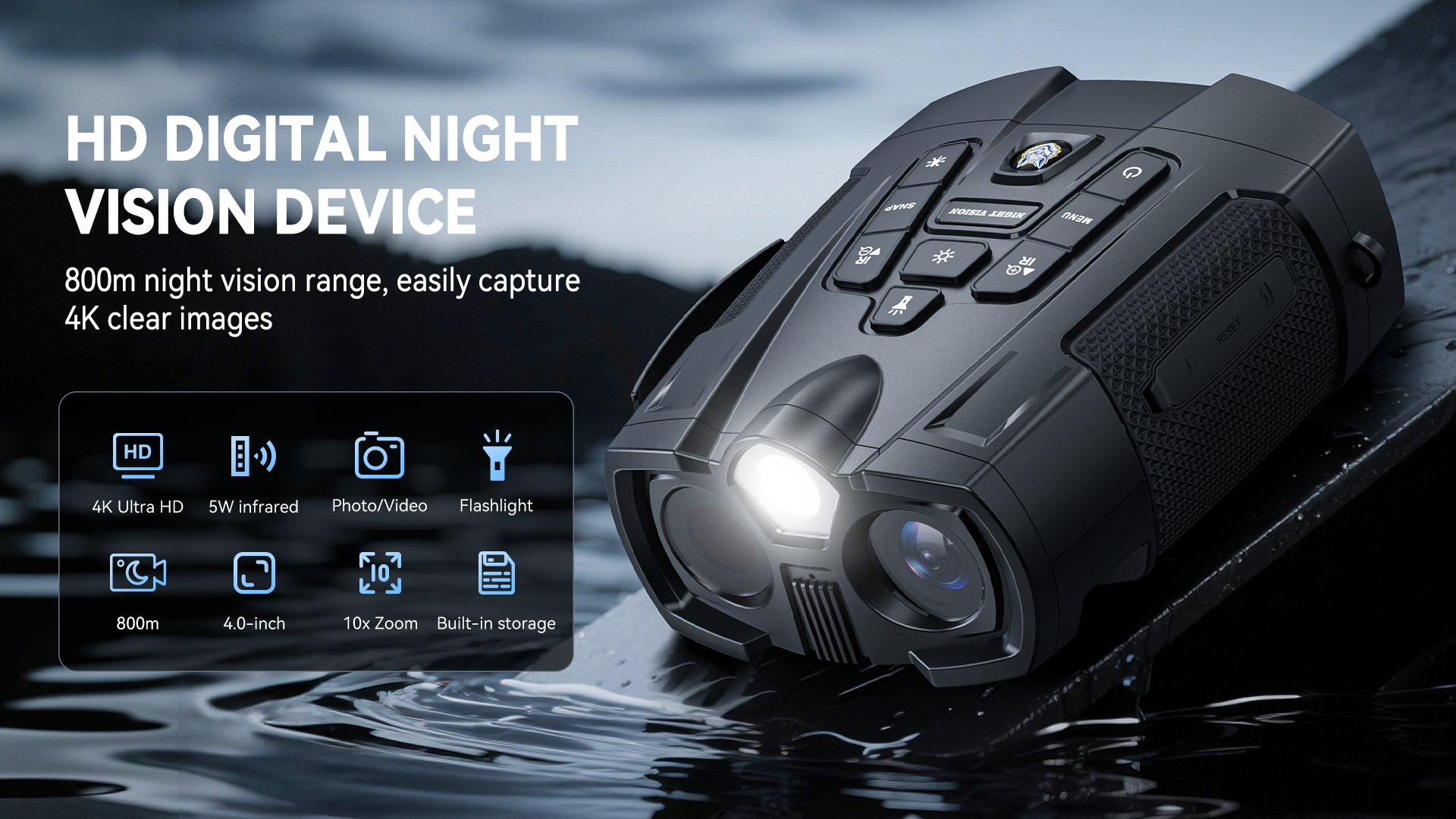 Minener-NOX-V1 digital night vision goggles offer 800m night vision range, 5W infrared, 4K image capture, photo and video recording, and a built-in flashlight.