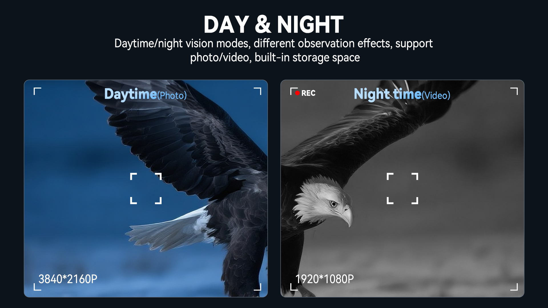 Minener-NOX-V1 night vision goggles support day and night modes, allowing color daytime photos and clear nighttime video recording with built-in storage support.
