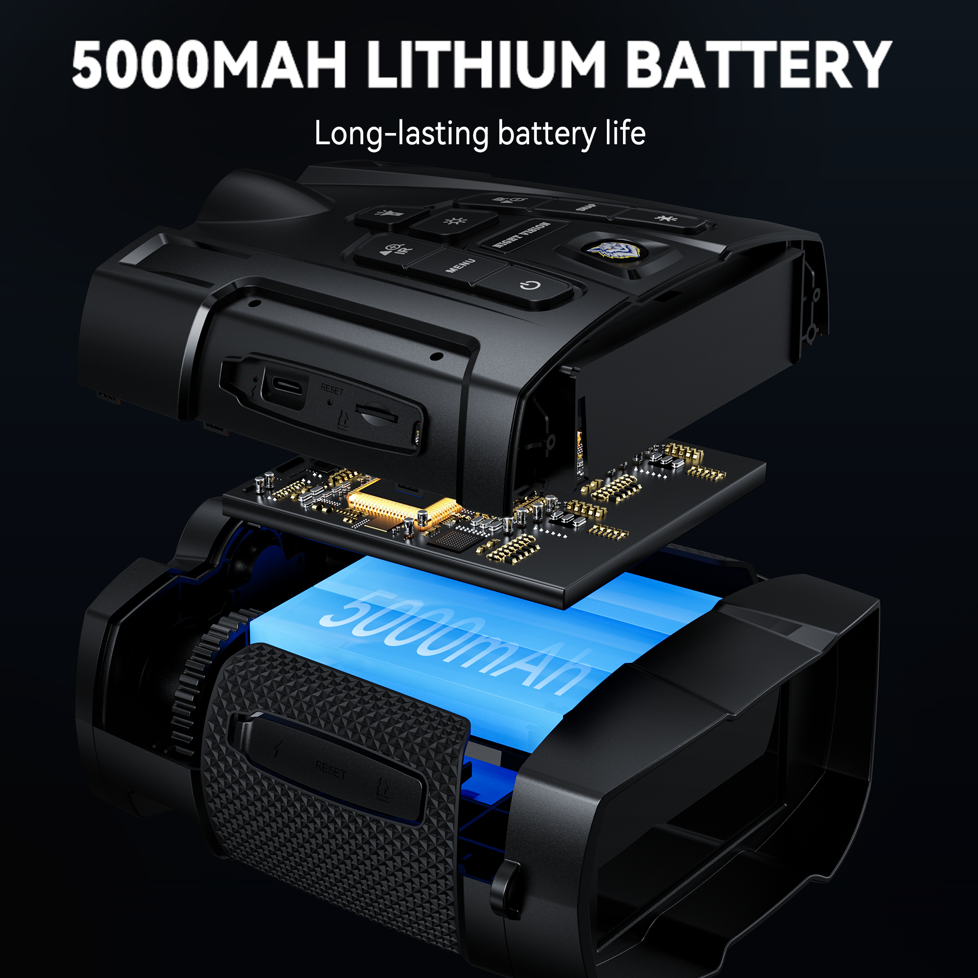 Minener-NOX-V1 night vision goggles feature a built-in 5000mAh rechargeable lithium battery, providing long-lasting power for extended nighttime observation and recording.