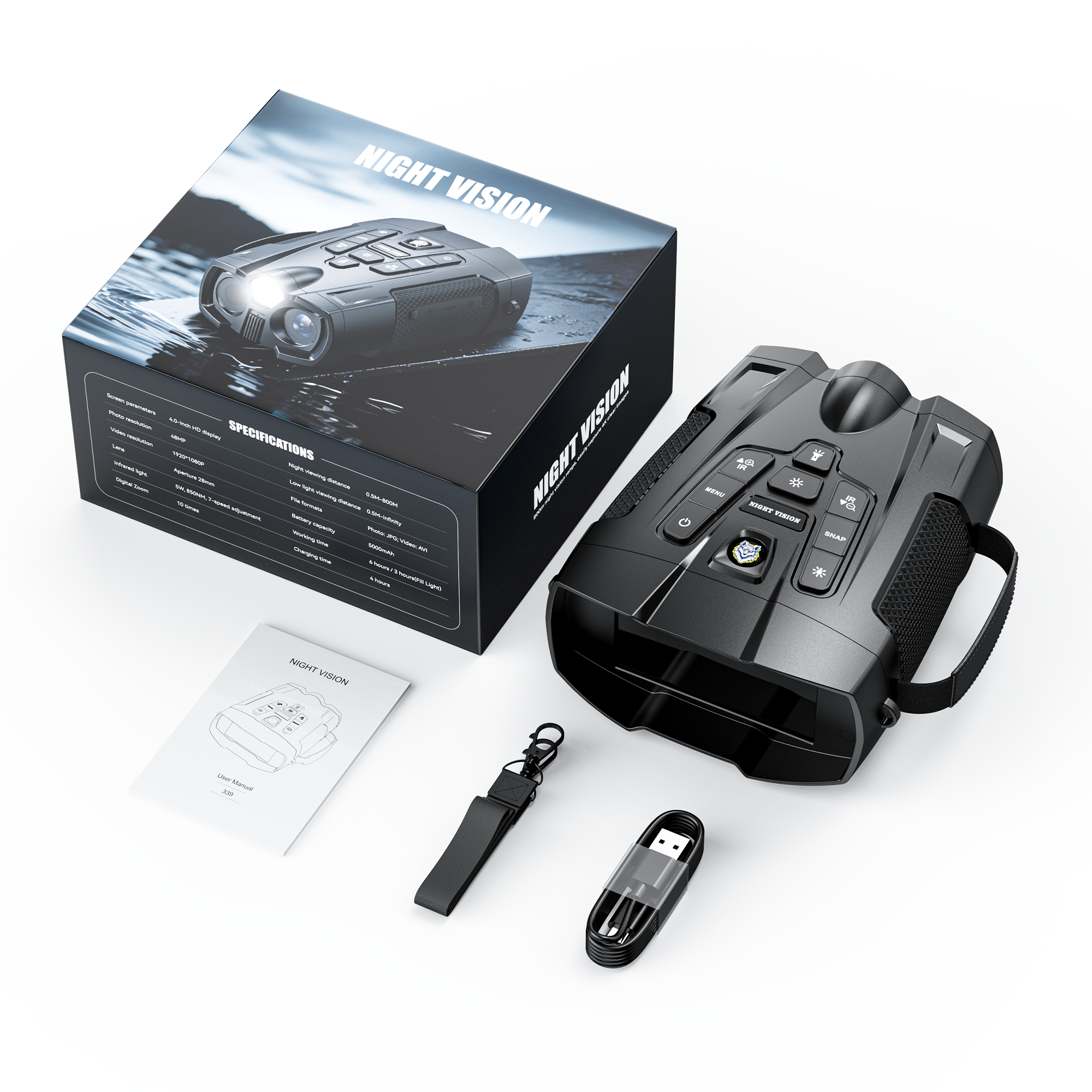 Minener-NOX-V1 night vision goggles package includes the device, USB Type-C charging cable, hand strap, user manual, and retail box.