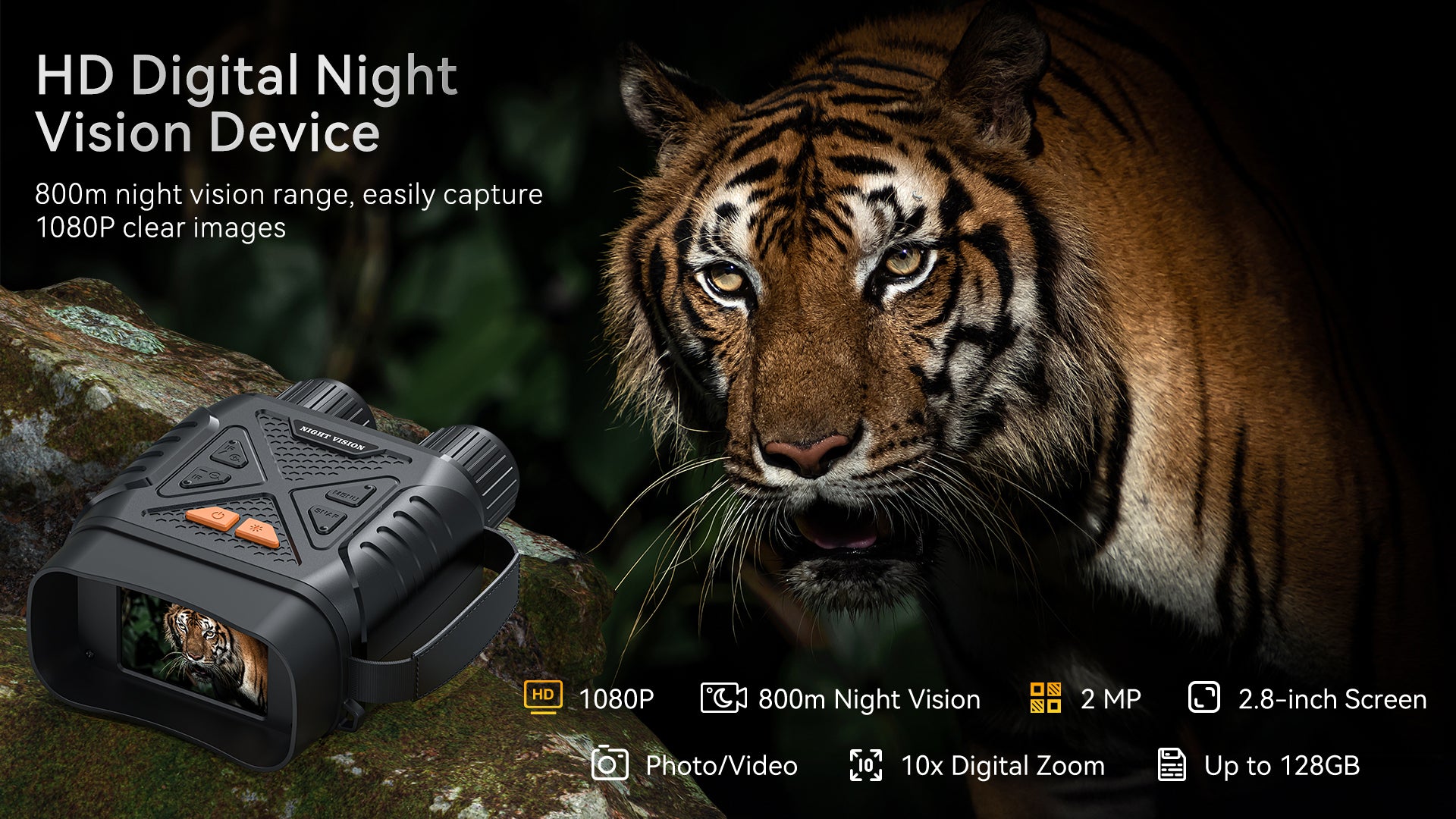 Minener NOX-V2 HD digital night vision device with 800m infrared range, 1080P photo and video recording, 10X digital zoom, 2.8-inch screen and expandable storage.