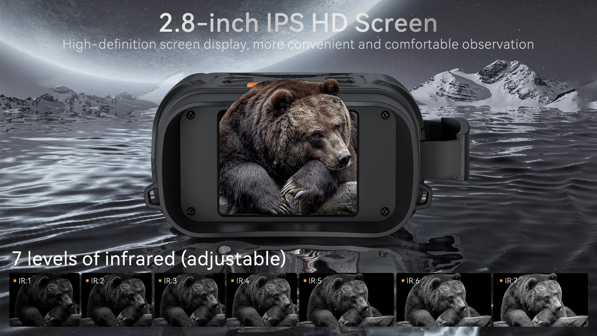 Minener NOX-V2 night vision goggles with 2.8-inch IPS HD screen and 7 adjustable infrared levels for clear, comfortable observation in low light and nighttime conditions.