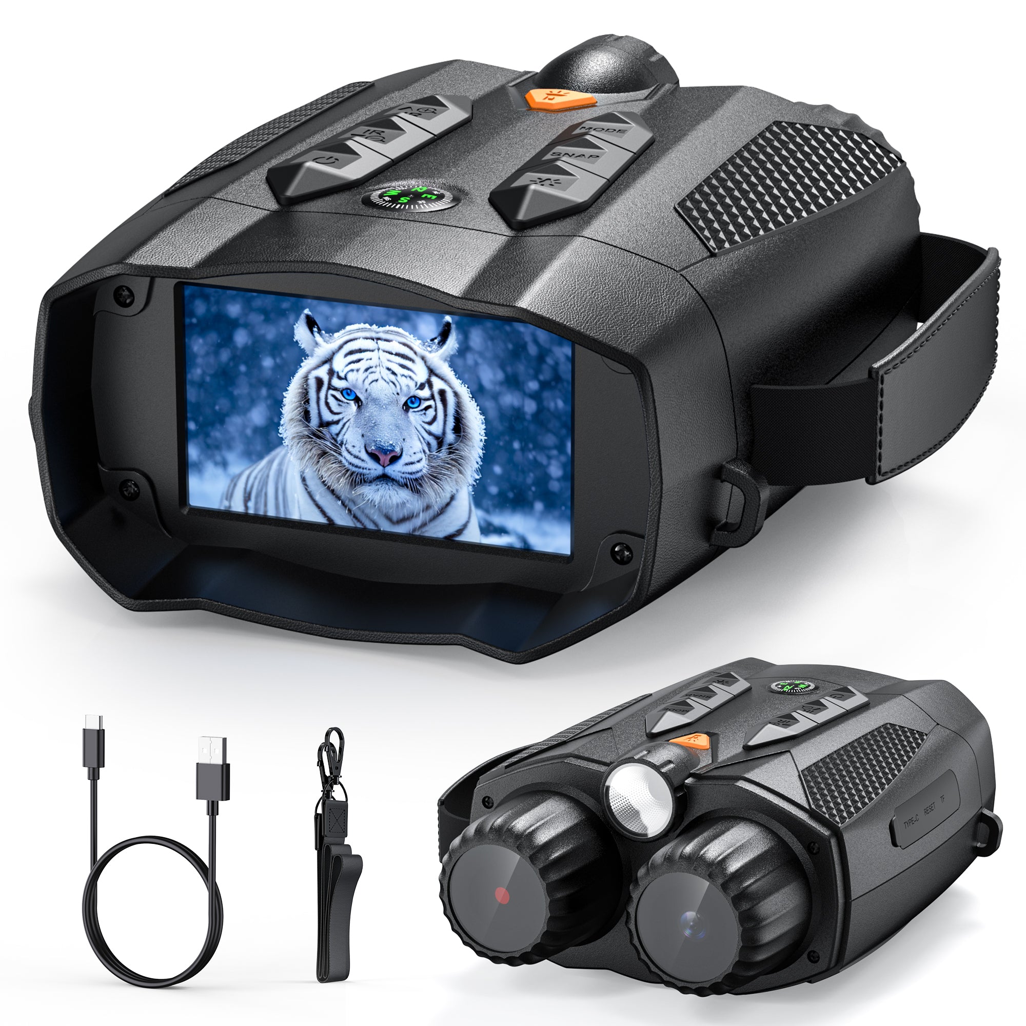 Minener NOX-V3 night vision goggles with 3.0” HD screen, 10× zoom, built-in flashlight, photo/video recording, rechargeable battery, and compact handheld design.