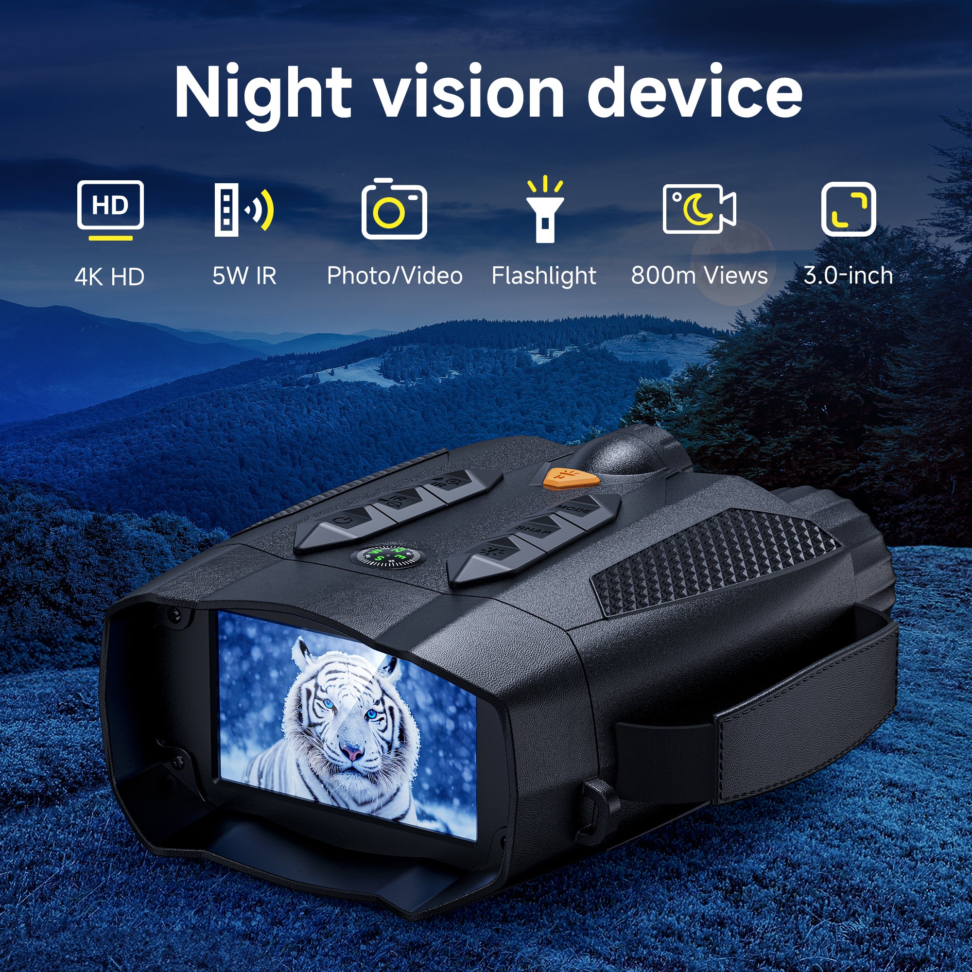 Minener NOX-V3 night vision device with 4K starlight sensor, 5W IR illuminator, 800m viewing range, photo/video recording, flashlight, and 3.0-inch HD screen.