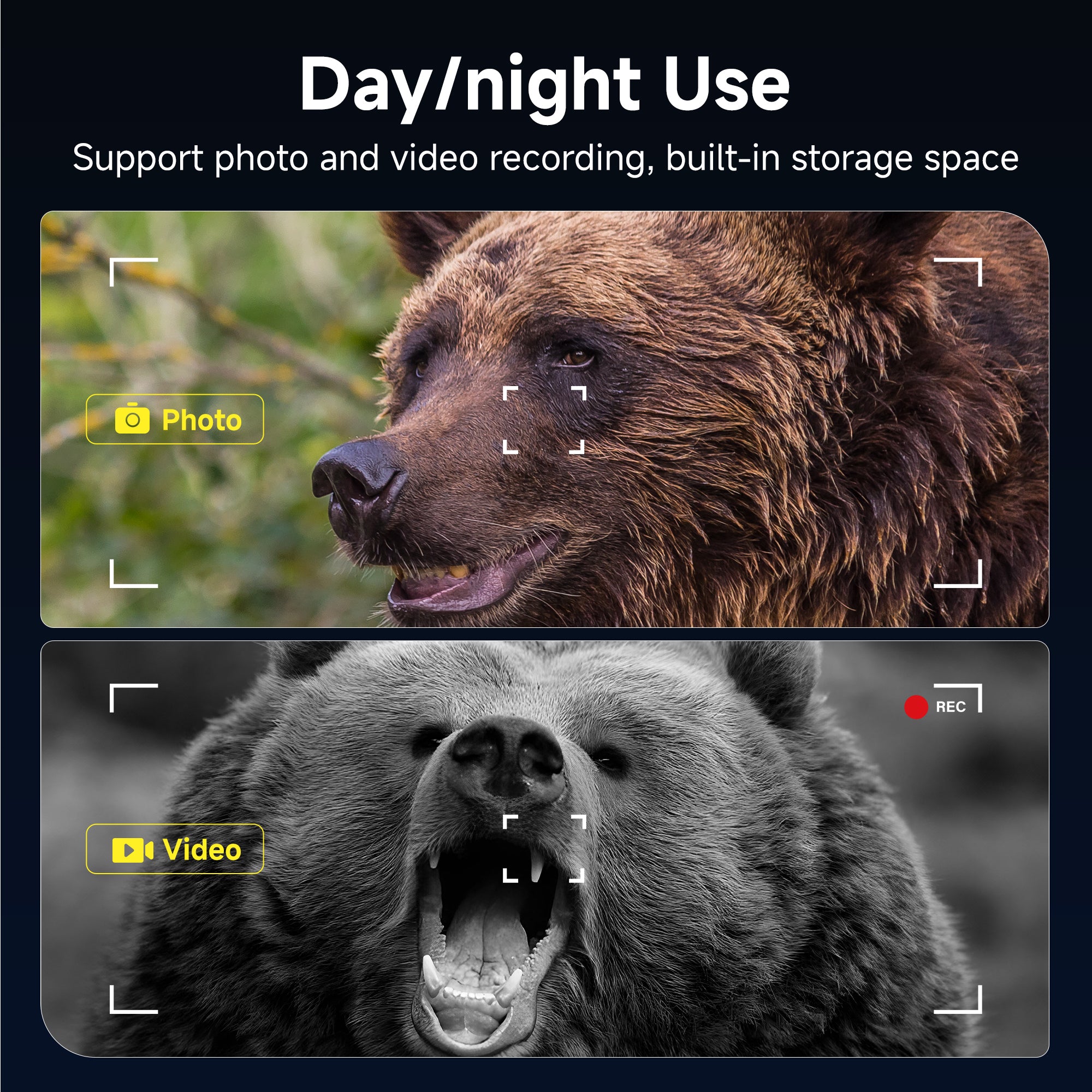 Minener NOX-V3 night vision goggles support day and night use with photo and video recording, built-in storage, and clear viewing for outdoor observation.