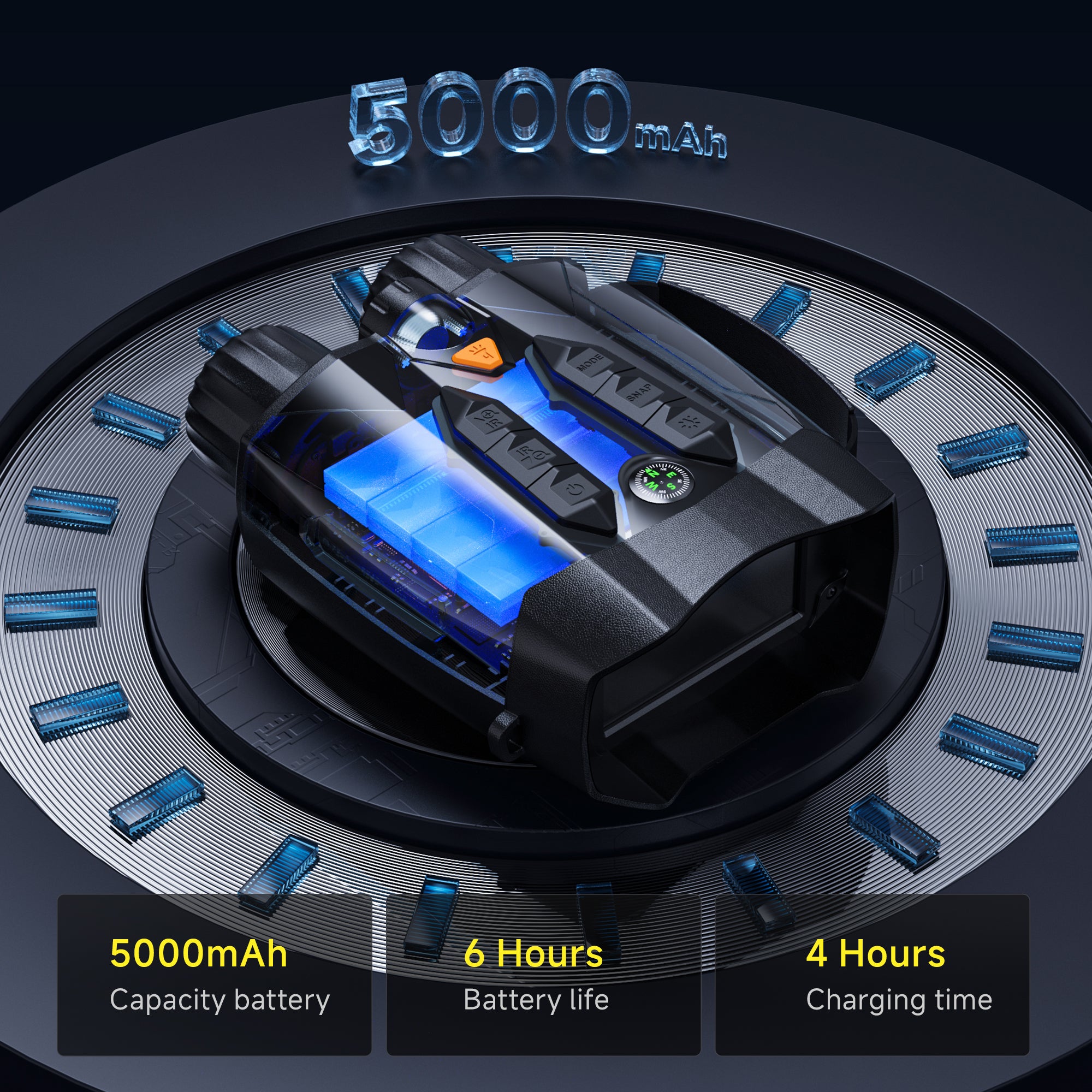 Minener NOX-V3 night vision goggles feature a 5000mAh rechargeable battery with up to 6 hours of use and fast 4-hour charging for extended outdoor activities.