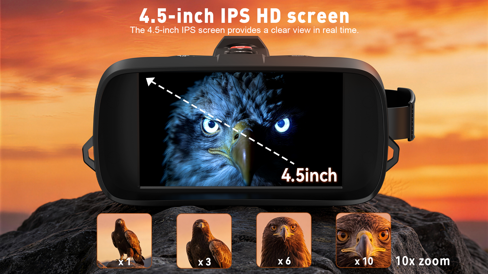 Minener NOX-V4 night vision goggles feature a 4.5-inch IPS HD screen with real-time viewing and 10x digital zoom for clear observation in low-light environments.