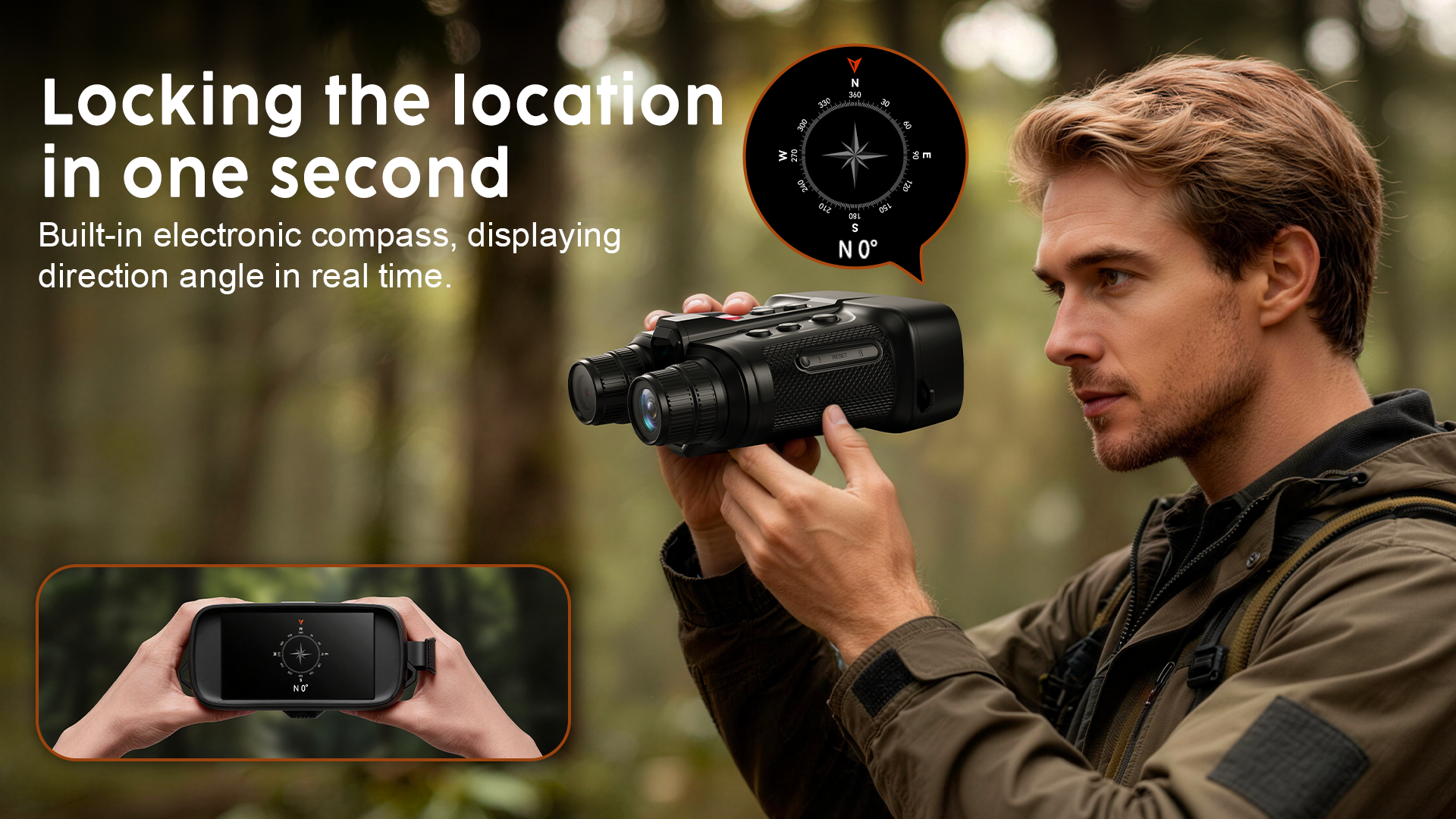 Minener NOX-V4 night vision goggles feature a built-in electronic compass with real-time direction display, helping users stay oriented and locate targets accurately outdoors.