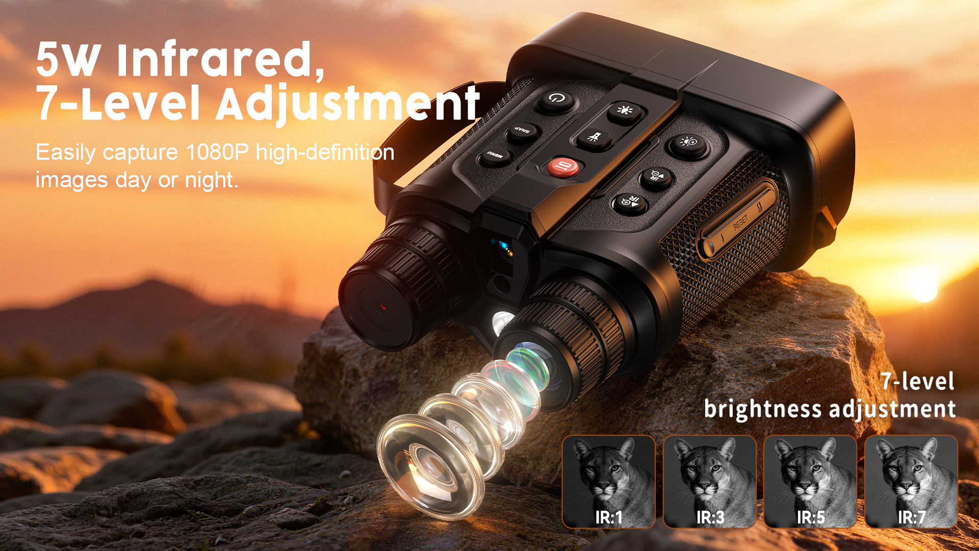Minener NOX-V4 night vision goggles feature a 5W infrared illuminator with 7-level brightness adjustment, enabling clear 1080P imaging for day and night outdoor use.