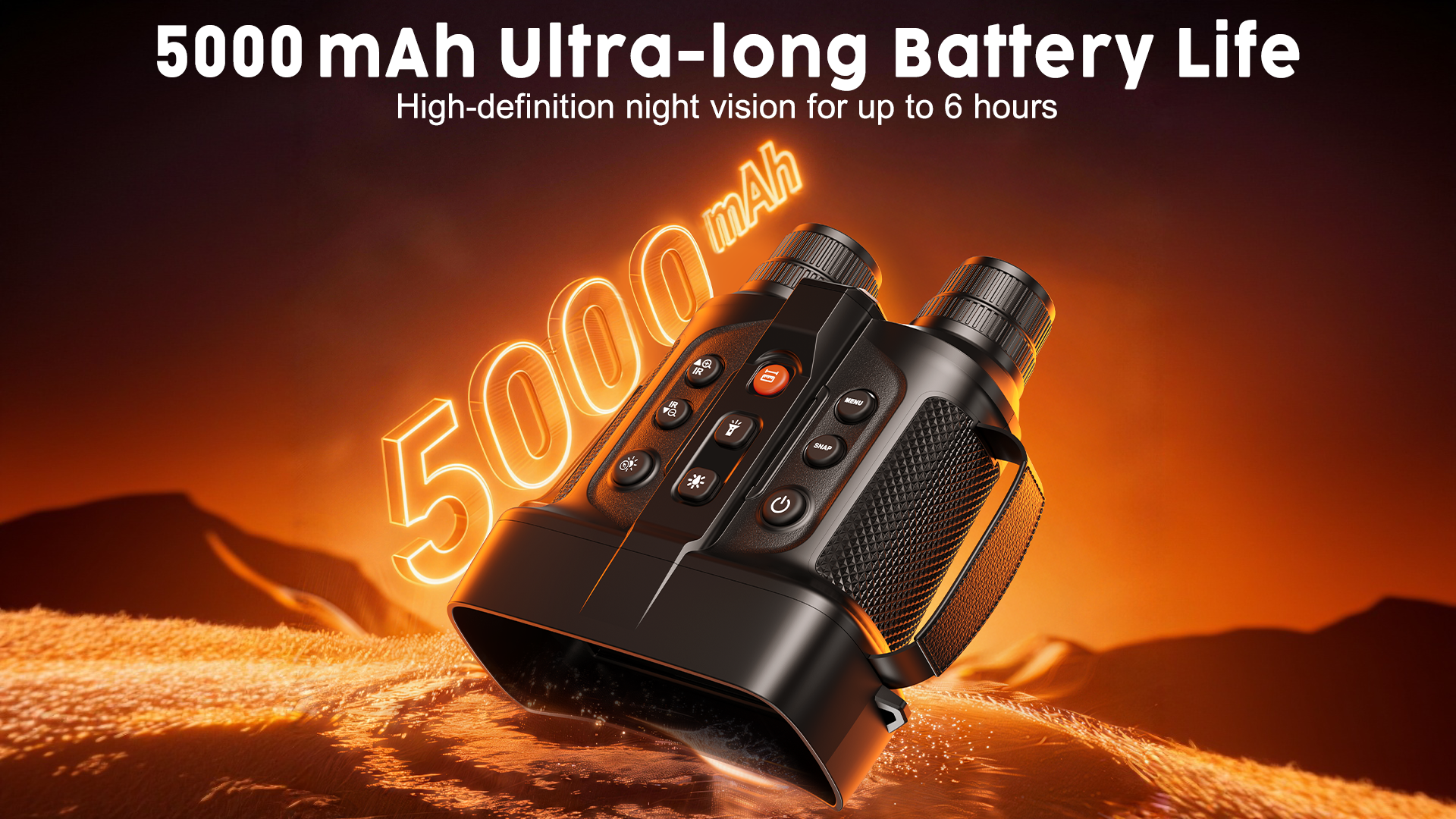Minener NOX-V4 night vision goggles feature a 5000mAh rechargeable battery, providing up to 6 hours of continuous night vision for long outdoor use.