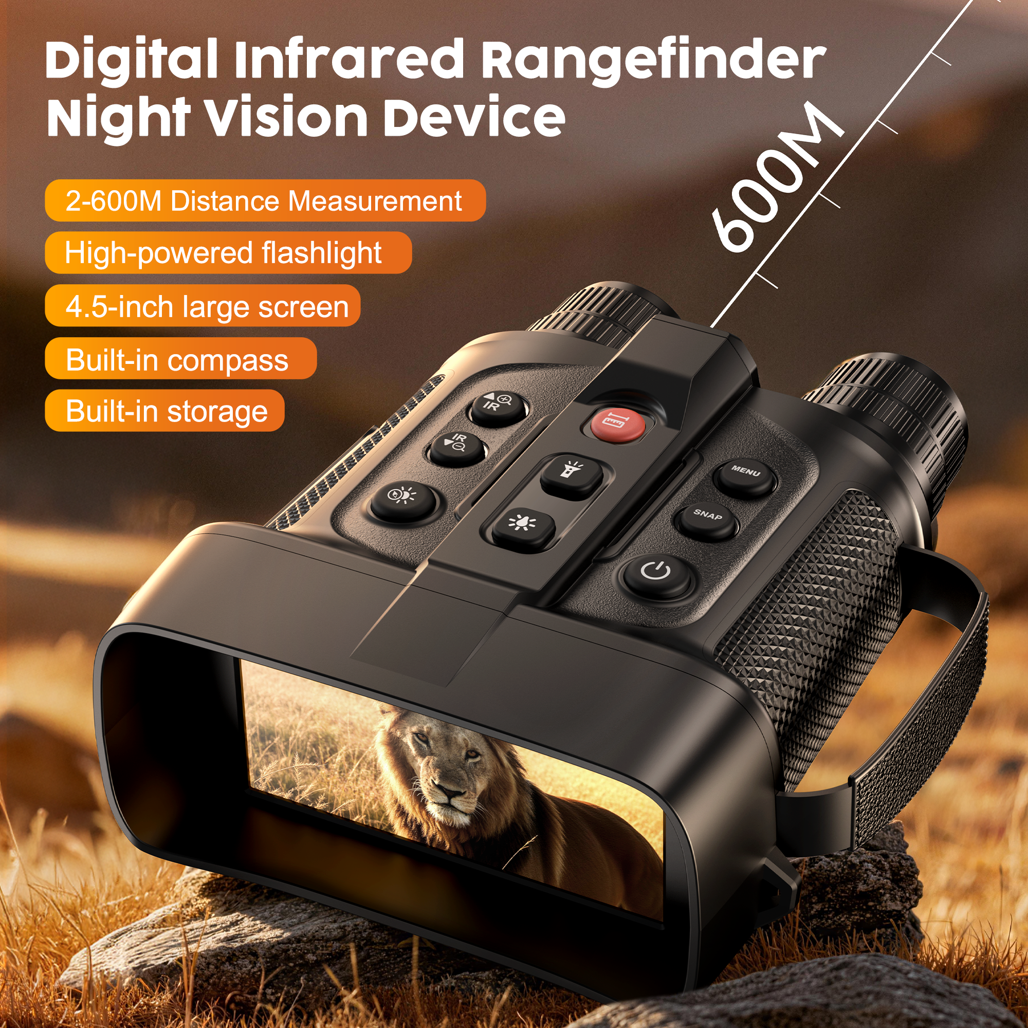Minener NOX-V4 digital infrared night vision device with 2–600m distance measurement, 4.5-inch large screen, built-in compass, flashlight, and storage.