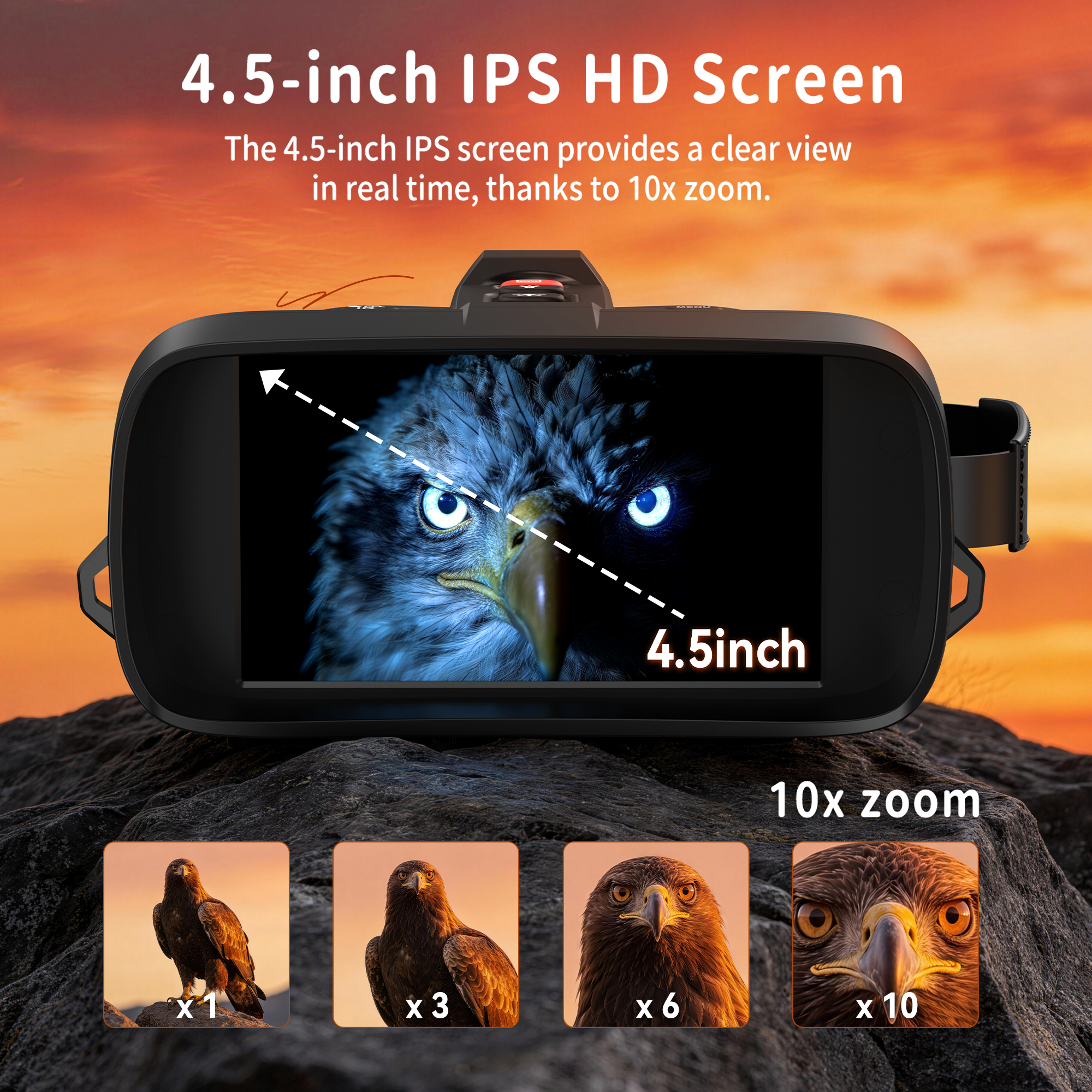Minener NOX-V4 night vision goggles feature a 4.5-inch IPS HD screen with real-time viewing, 10x digital zoom, and clear image display day or night.