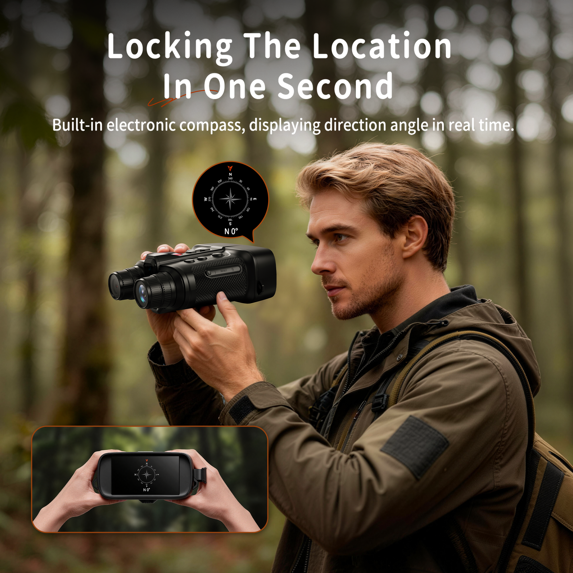 Minener NOX-V4 night vision goggles feature a built-in electronic compass with real-time direction and angle display for fast location awareness outdoors.