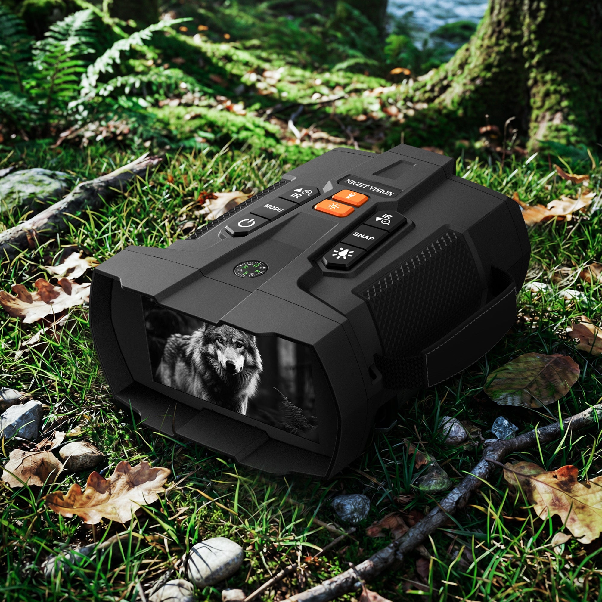 Minener NOX-V5 premium 4K night vision goggles on forest ground. The large screen displays a crisp image of a wolf for outdoor wildlife observation.