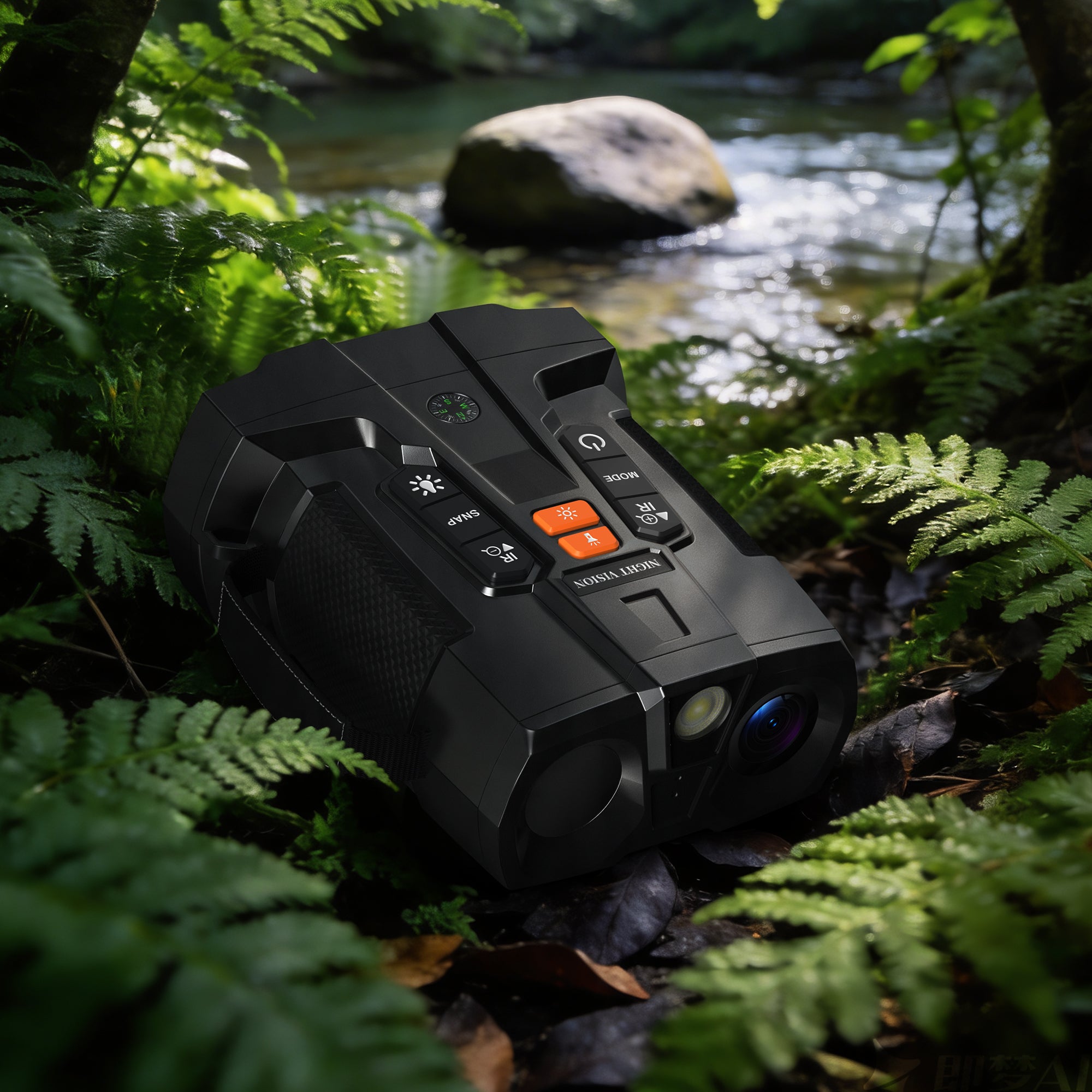 Minener NOX-V5 premium 4K night vision goggles resting on ferns by a forest stream. Designed for high-end outdoor exploration and nature observation.