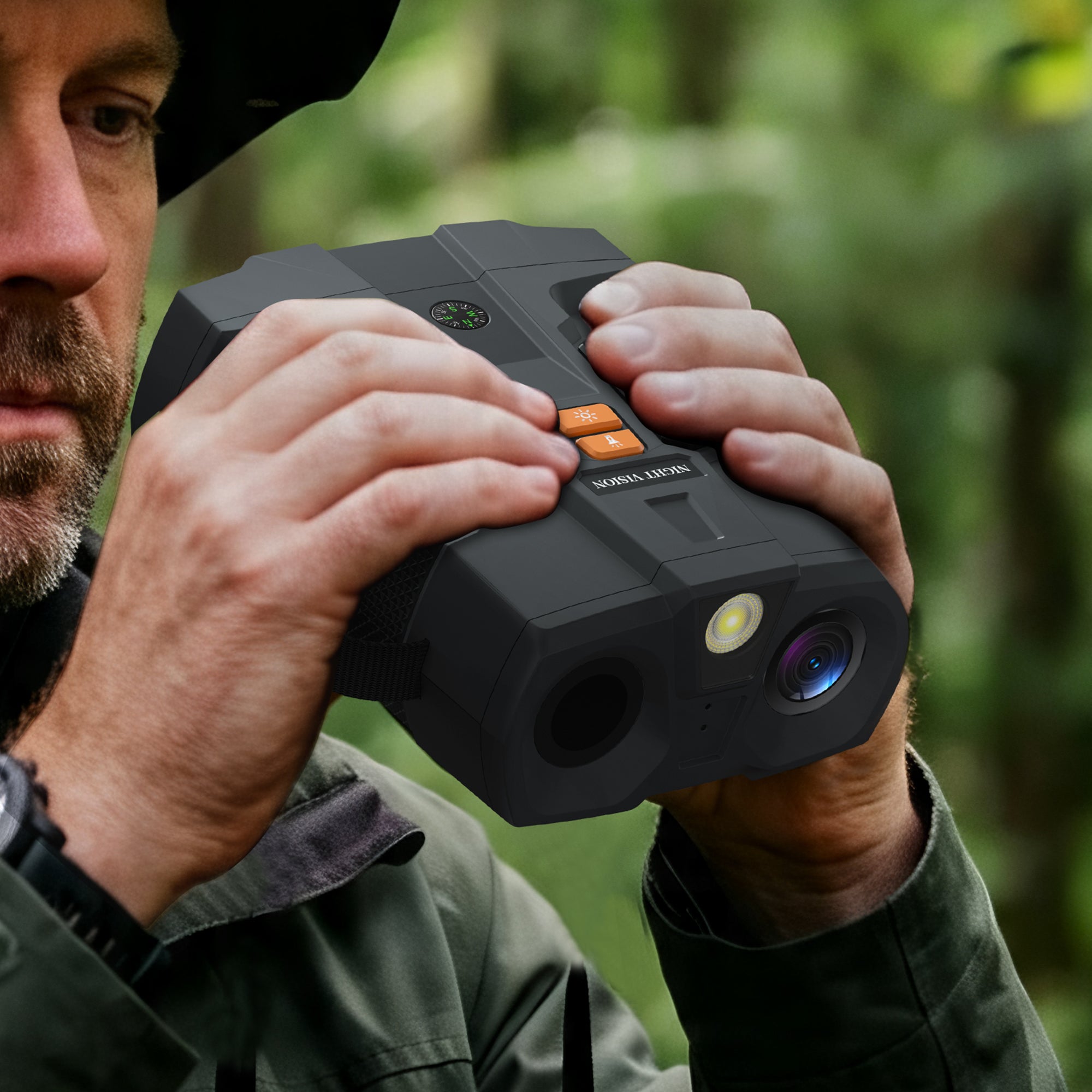 Minener NOX-V5 tactical 4K night vision goggles spec table. True 4K resolution, 52MP sensor, up to 1200m range, 18h battery, IP67 waterproof.