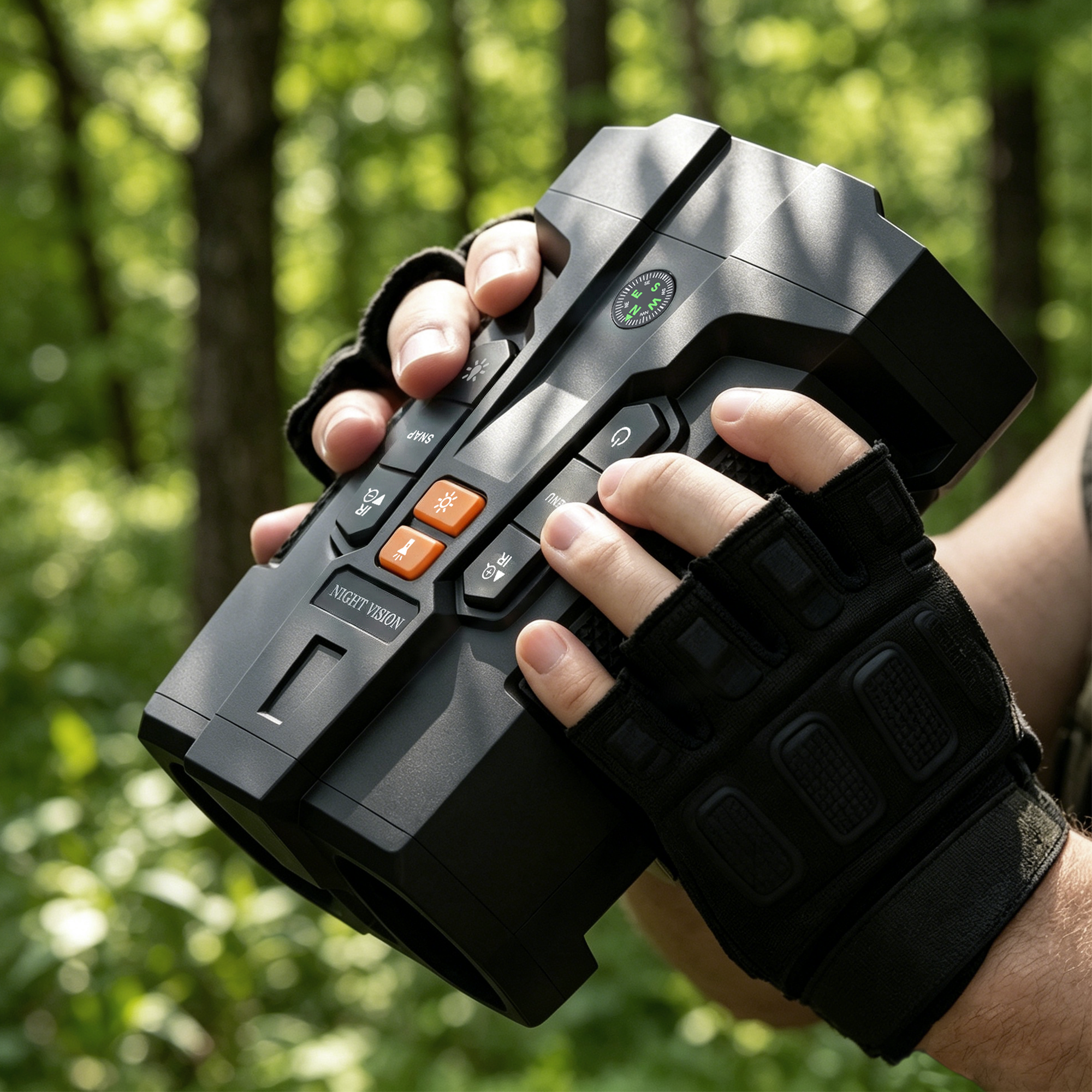 Minener NOX-V5 4K night vision binoculars held in forest for outdoor wildlife viewing
