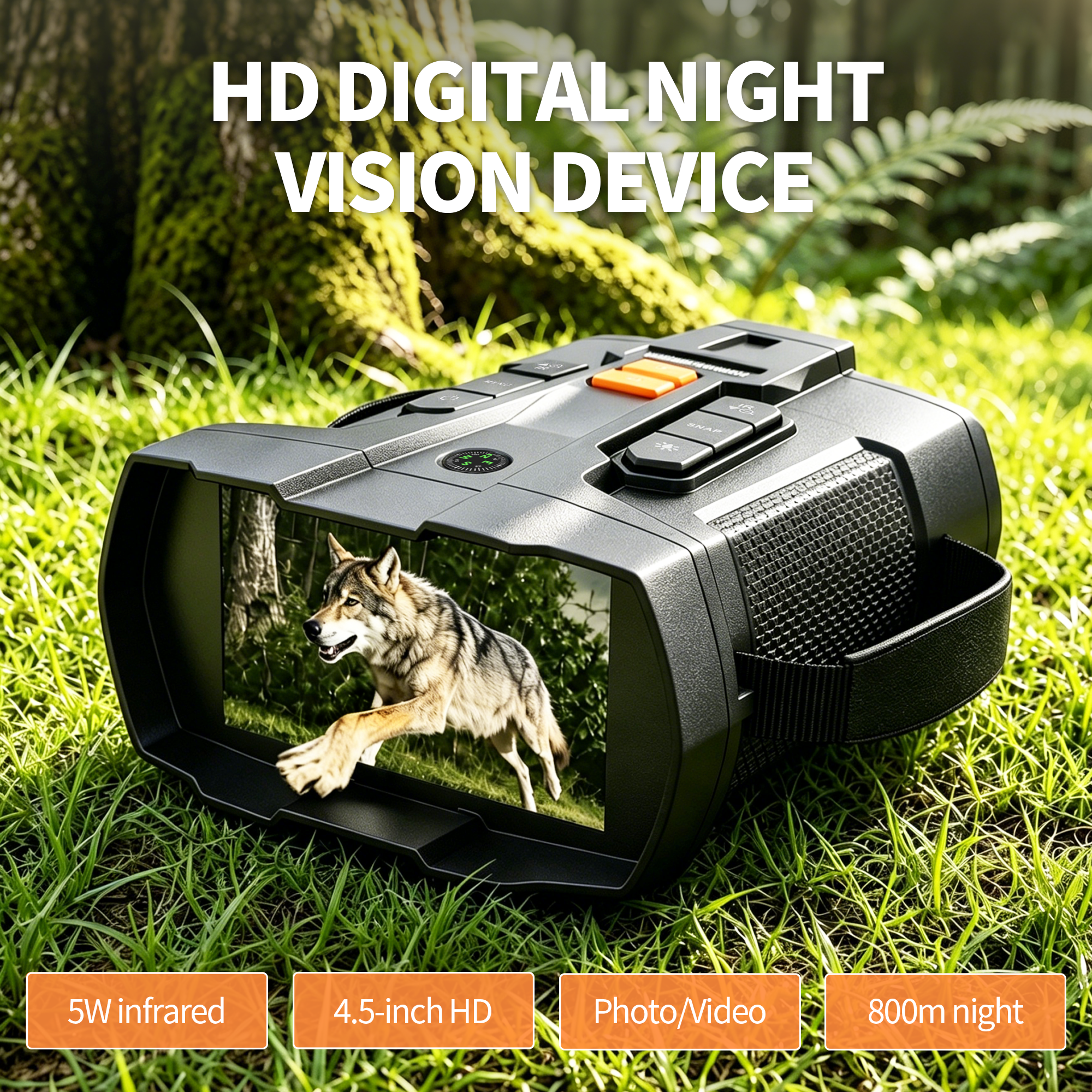 Minener NOX-V5 HD digital night vision device on grass for nighttime wildlife viewing
