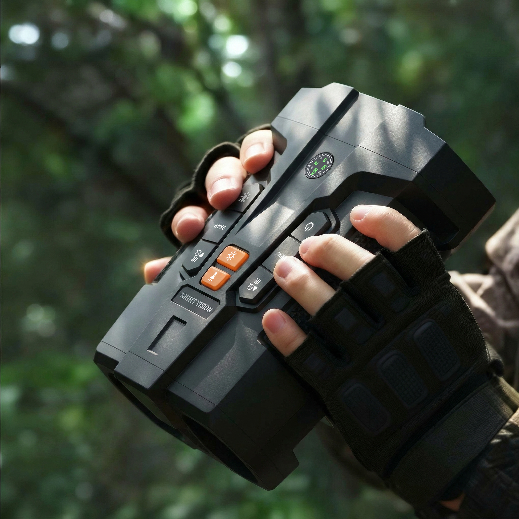 Person holding Minener NOX-V5 Night Vision Binoculars in a lush forest. Black digital device with orange buttons for high-end outdoor exploration.