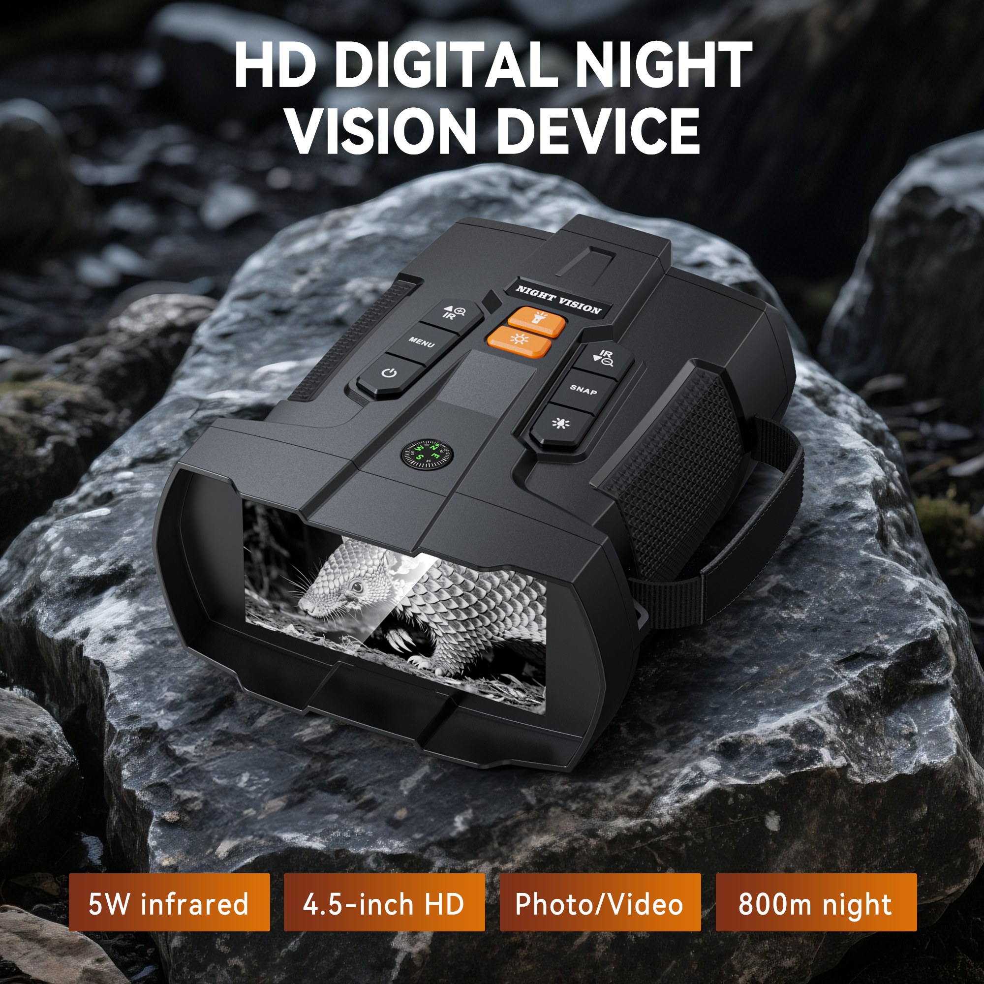 Minener NOX-V5 Night Vision Binoculars on outdoor rocks. High-end HD device with 4.5-inch screen showing wildlife, 5W infrared, 800m night range.