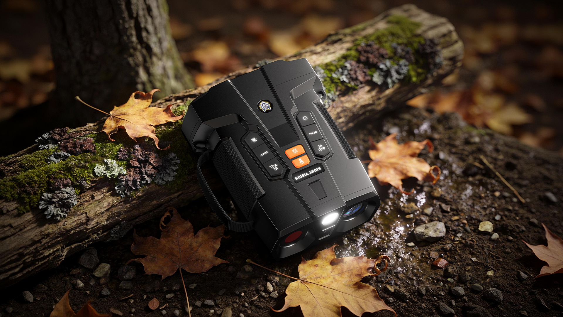 Man using Minener NOX-V5 tactical 4K night vision goggles on a mossy log. Total darkness farm security. Features integrated LED flashlight and IR.
