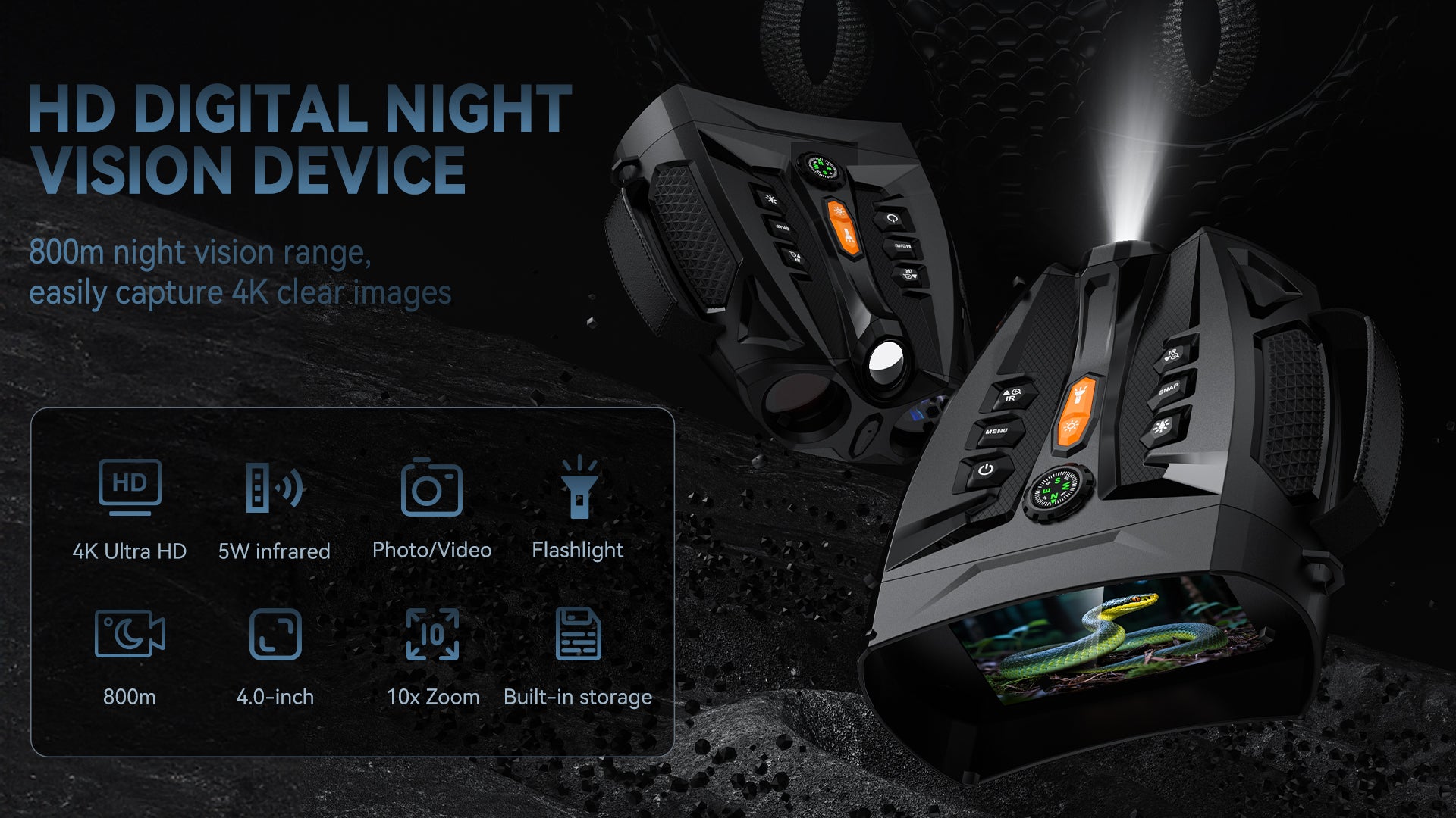 Minener NOX-V6 night vision goggles with 4K video, 800m range, 5W infrared, 10x zoom, 4.0-inch screen, photo and video recording for outdoor viewing