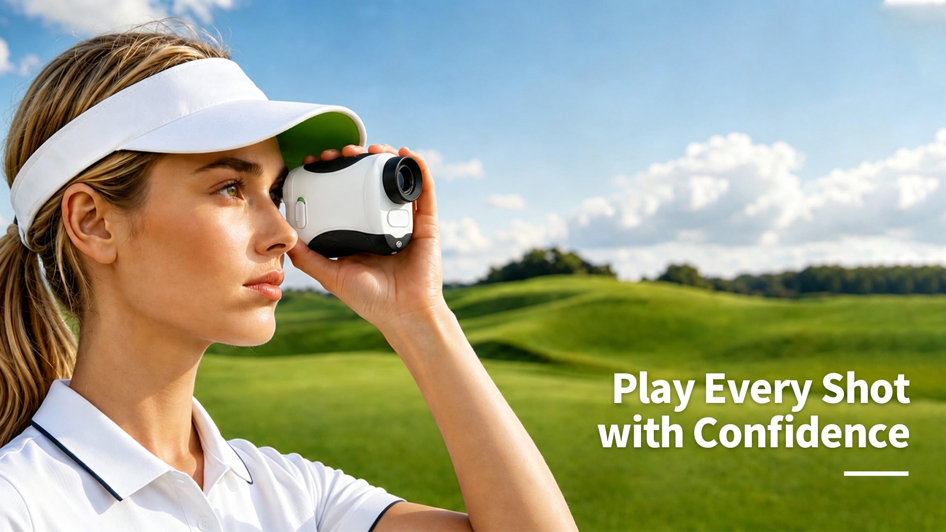 Minener golf rangefinder used by a golfer to measure distance on a sunny golf course