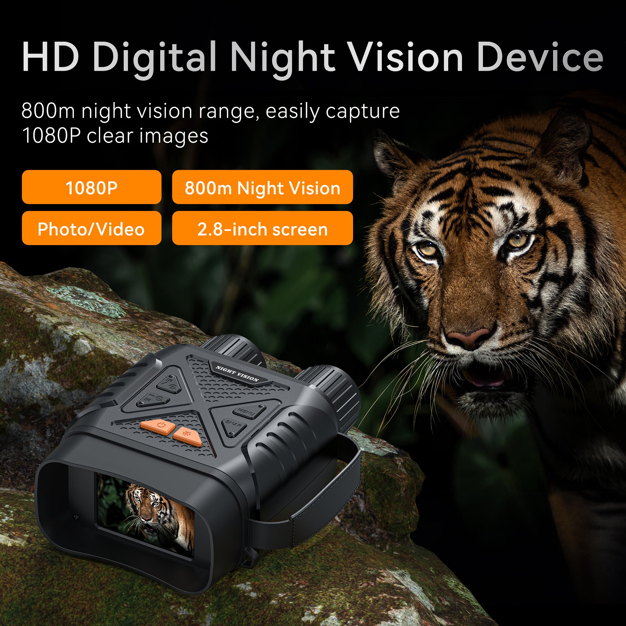 Minener NOX-V2 HD digital night vision device with 800m infrared range, 1080P photo video recording and 2.8-inch screen for clear night observation.