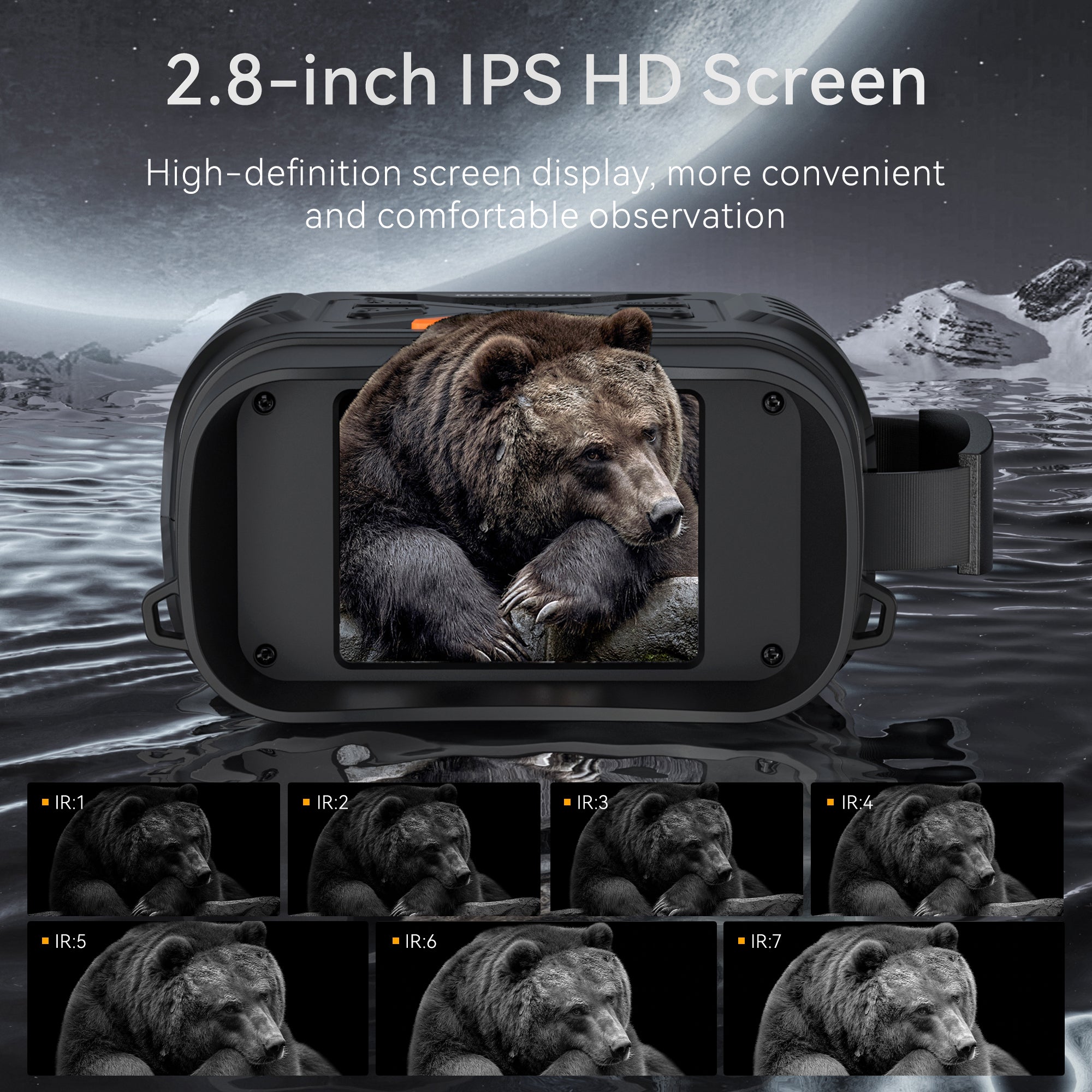 Minener NOX-V2 night vision goggles with 2.8-inch IPS HD screen and multi-level infrared night vision for clear, comfortable low light observation.