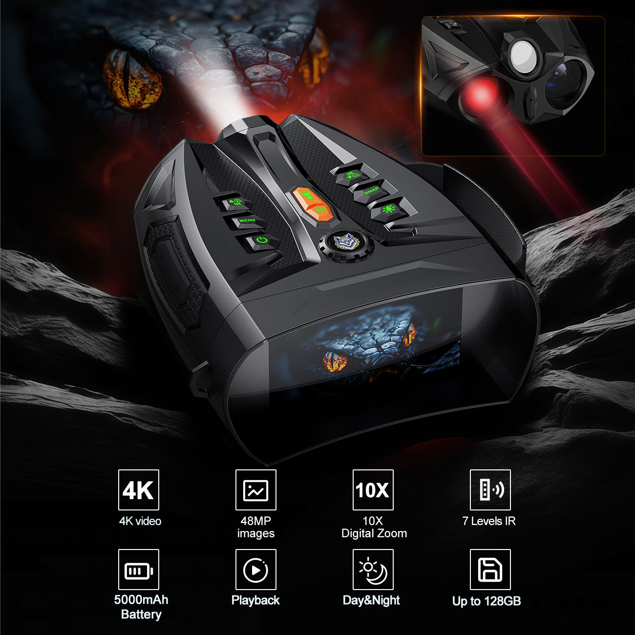 Minener NOX-V6 night vision goggles with 4K video, 48MP photos, 10x zoom, 7-level infrared, 5000mAh battery, day and night viewing device