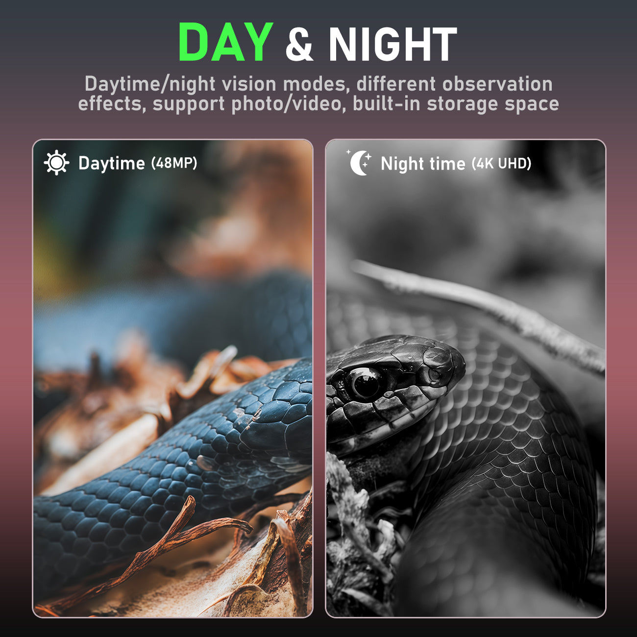 Minener NOX-V6 night vision goggles with day and night modes, 48MP daytime color imaging and 4K night vision recording, dual viewing performance