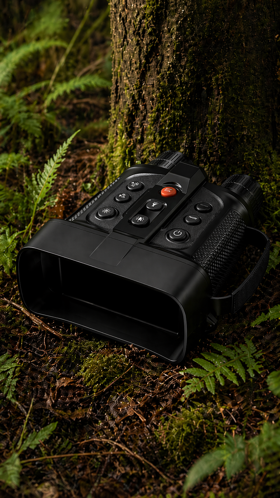 Professional outdoor night vision gear combo on wet rocks in a dark, misty forest: Digital night vision binoculars showing a lion on the screen, a tactical night vision device, and a laser rangefinder.