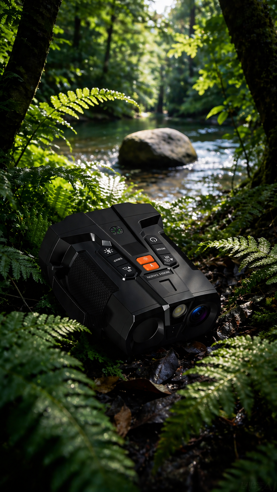 Minener NOX-V5 Night Vision Binoculars resting among lush green ferns and fallen leaves near a sunlit forest stream, showcasing high-end outdoor optics.