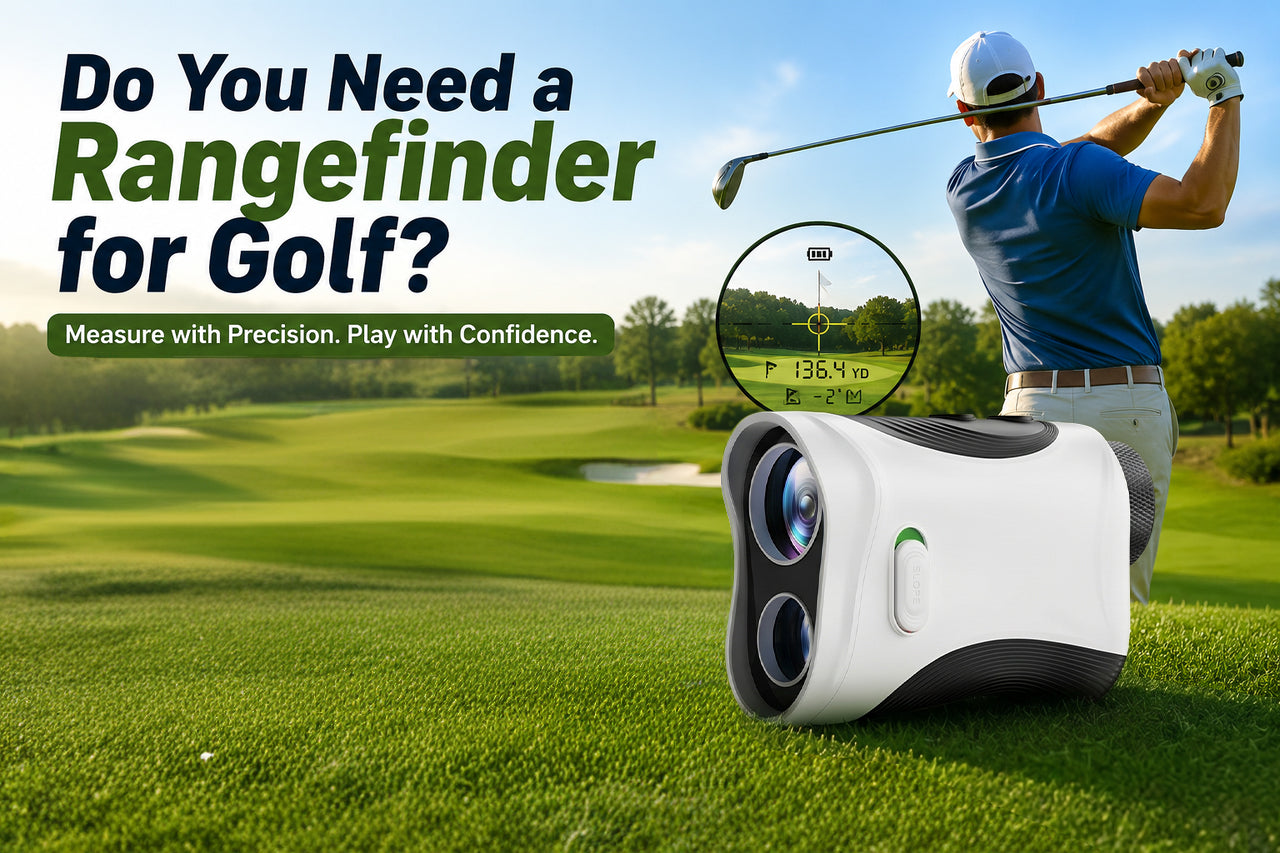 Golfer using a golf rangefinder on a sunny course to measure distance accurately for better shot planning and improved golf performance.