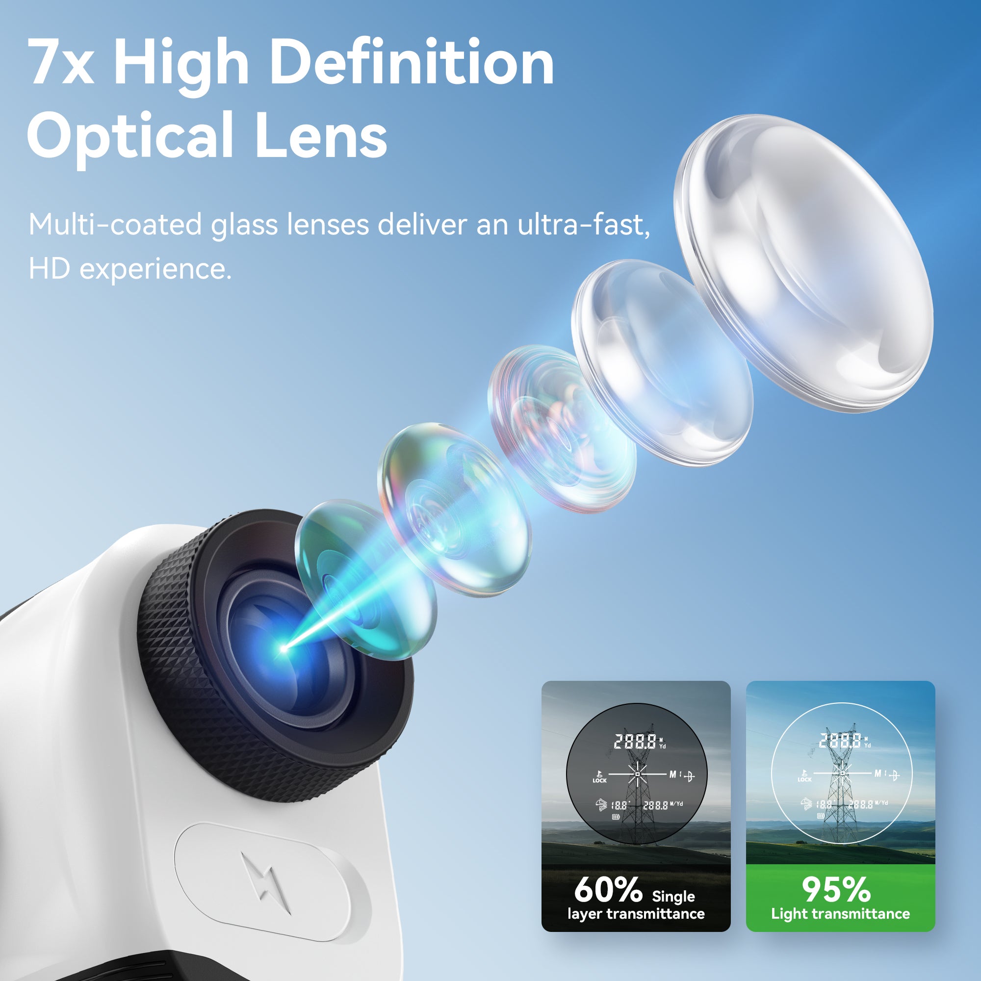 Minener Precision G2 Golf Rangefinder featuring 7x high definition optical lenses, multi-coated glass, and an ultra-fast 95% light transmittance experience.