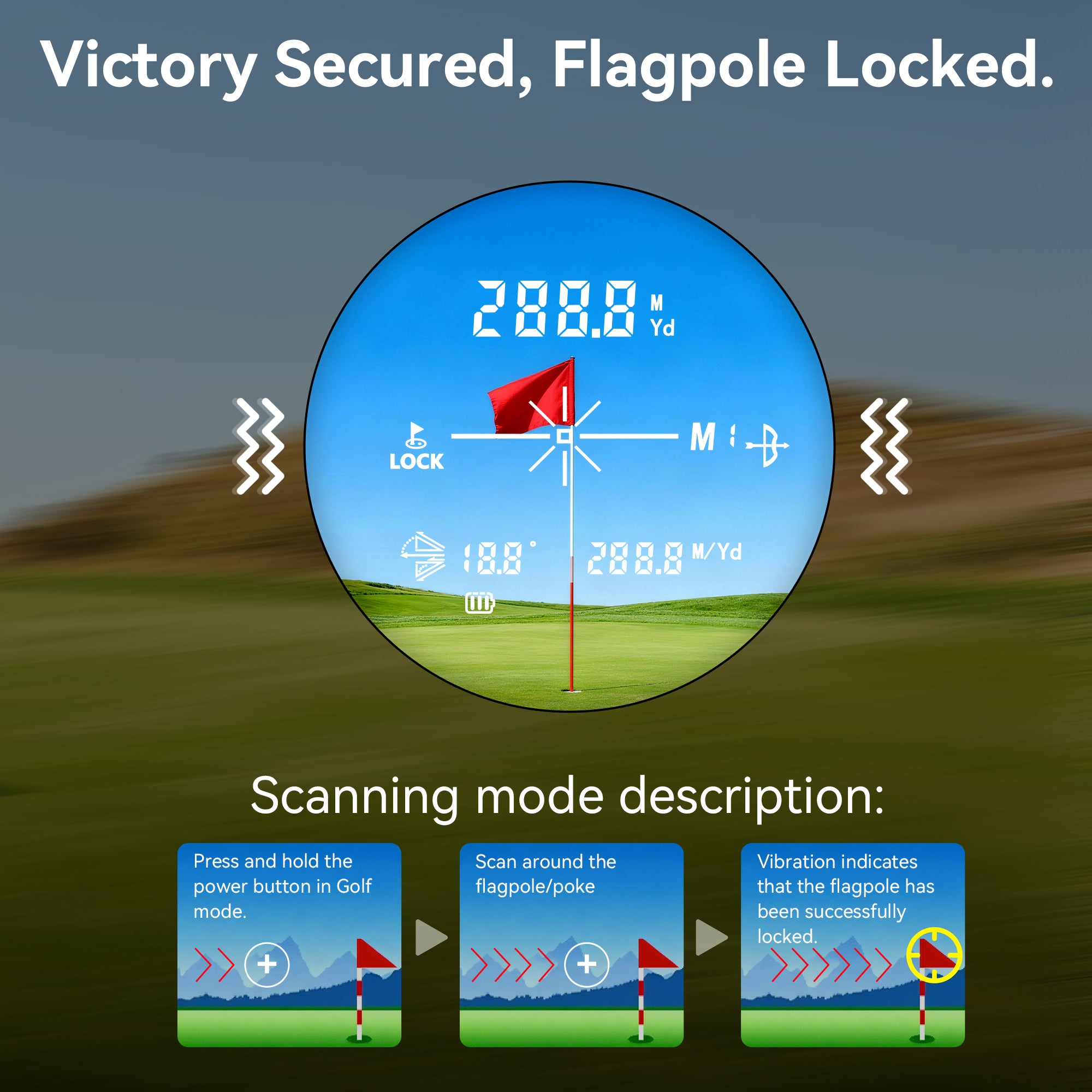 Minener Precision G2 Golf Rangefinder showcasing the flagpole lock feature with vibration feedback, scanning mode, and clear digital yardage display.