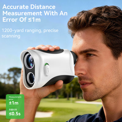 Golfer using the Minener Precision G2 Golf Rangefinder for accurate 1200-yard distance measurement, featuring ±1m error and ultra-fast ≤0.5s scanning.