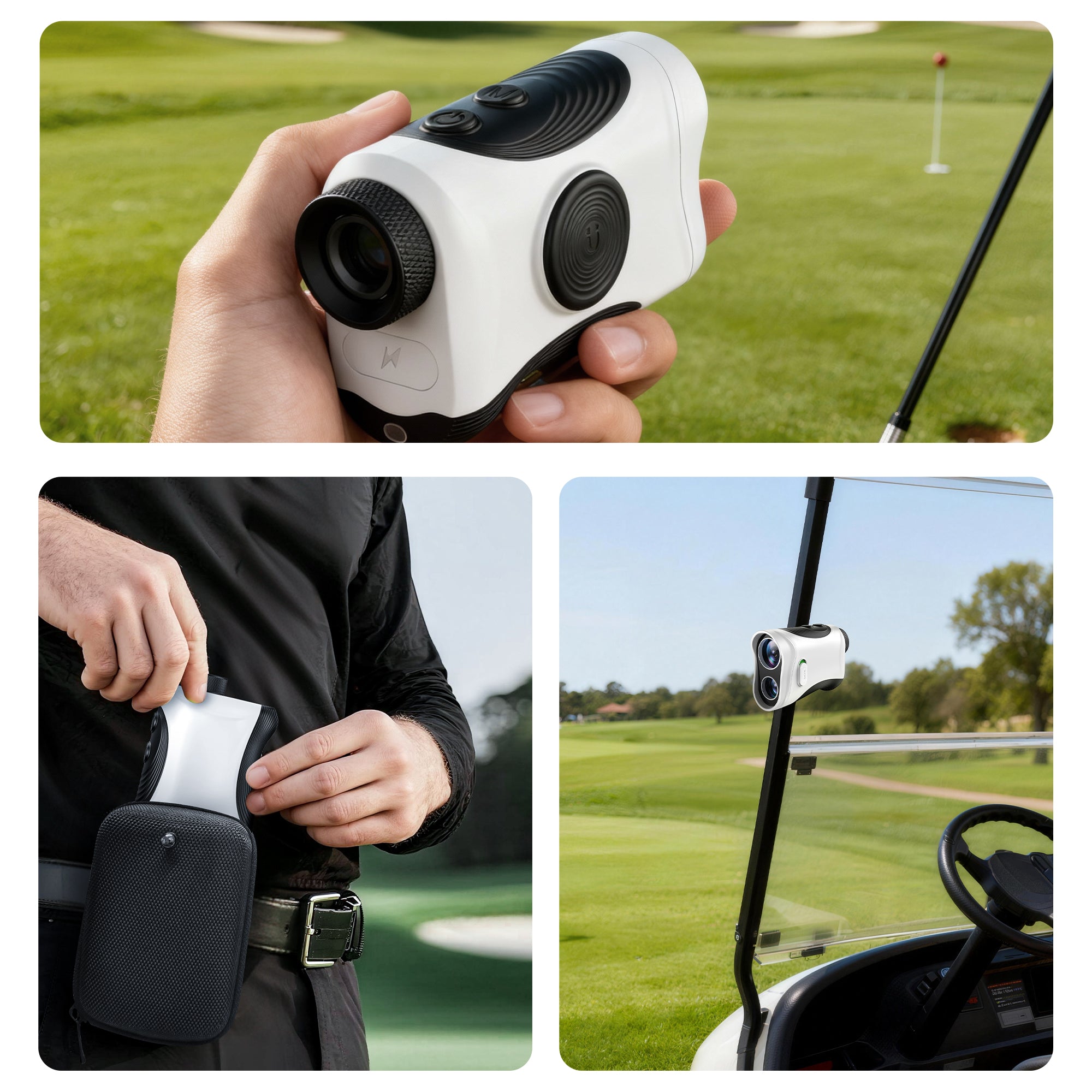 Highly portable Minener Precision G2 Golf Rangefinder. Showcasing its compact handheld use, a wearable belt case, and a secure magnetic golf cart mount.
