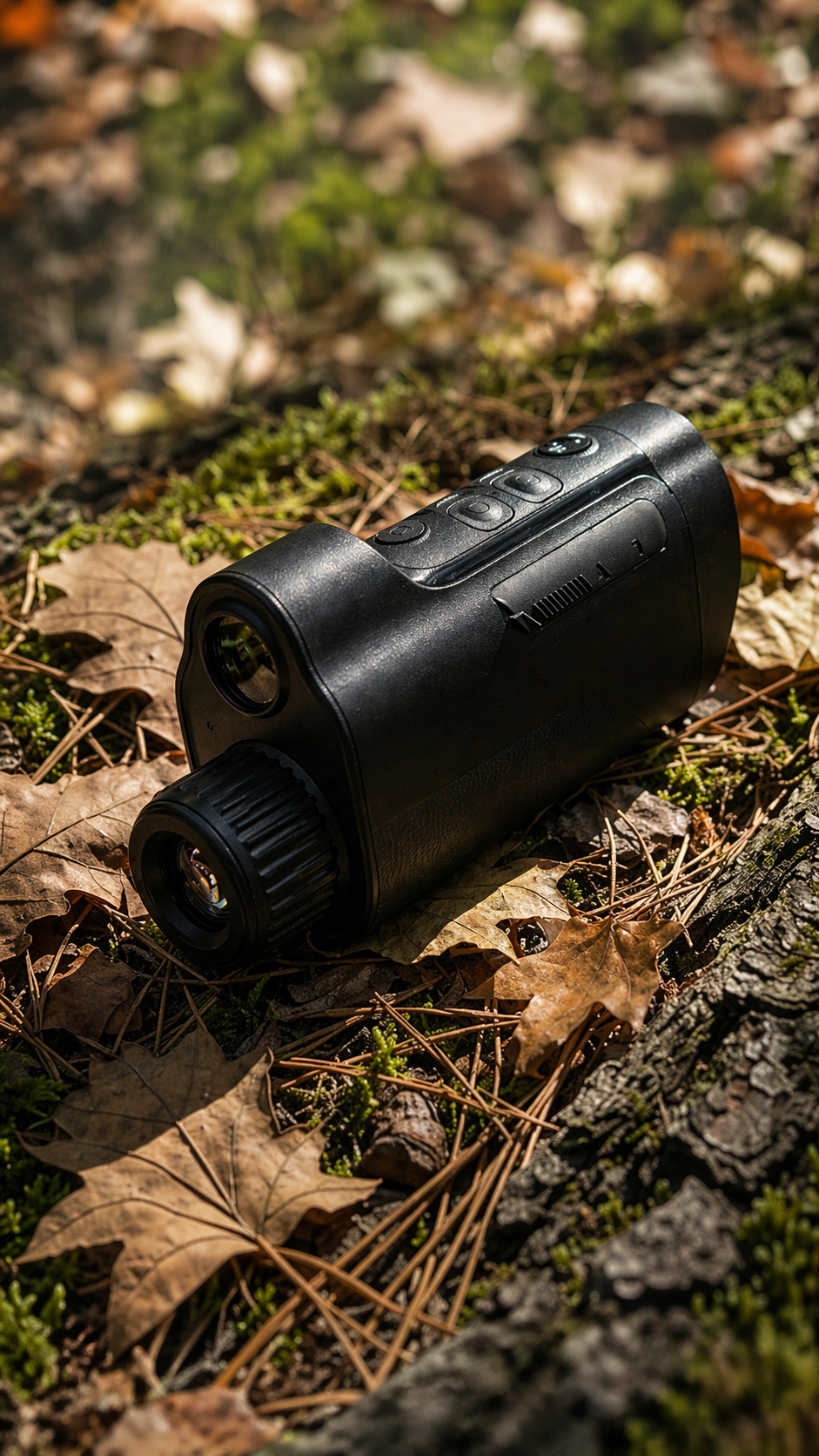 High-end outdoor monocular designed for daytime nature exploration and wildlife observation, displayed on a woodland forest floor among dry leaves.