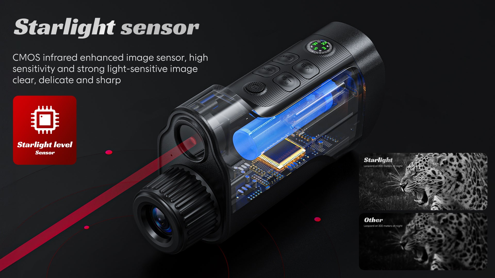 Starlight-level CMOS sensor boosts low-light sensitivity—Minener MONO-V1 produces sharper infrared night images for clearer observation.