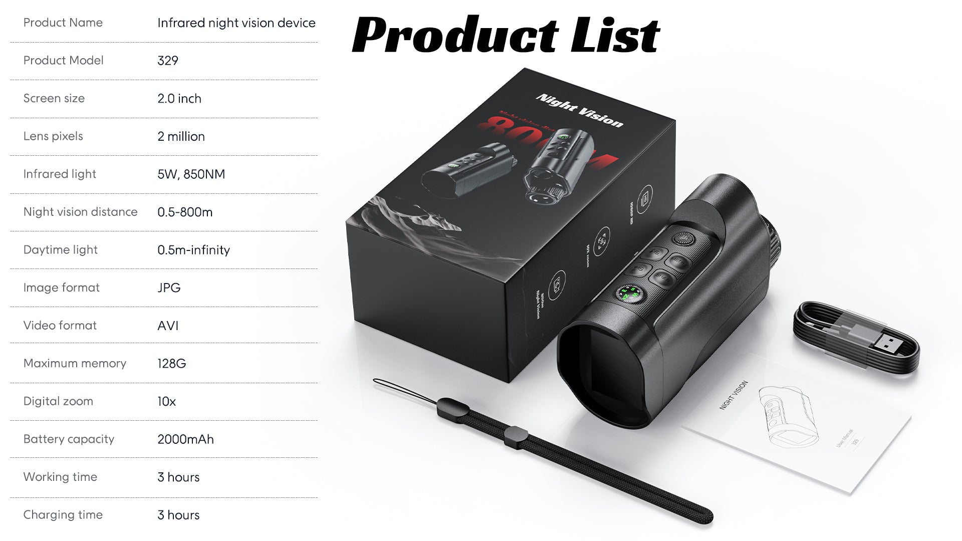 Minener MONO-V1 specs: 2.0" screen, 5W 850nm IR, 0.5–800m night distance, 10x zoom, 2000mAh battery, TF up to 128GB, full kit included.