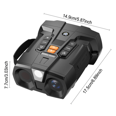 Minener NOX-V5 night vision device with compact dimensions shown, measuring 14.9 cm x 11.5 cm x 7.7 cm for portable handheld use
