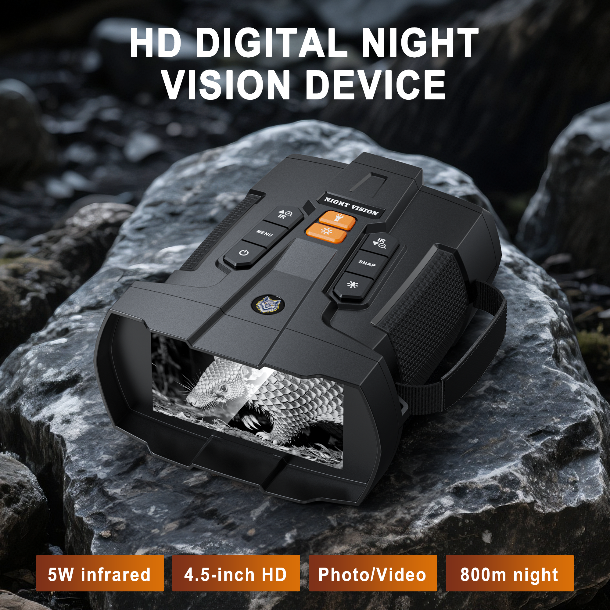 Minener NOX-V5 HD digital night vision device featuring 5W infrared, 4.5-inch HD display, photo and video recording, and up to 800m night viewing