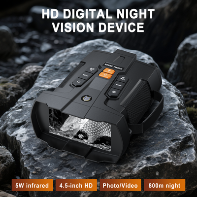Minener NOX-V5 HD digital night vision device featuring 5W infrared, 4.5-inch HD display, photo and video recording, and up to 800m night viewing