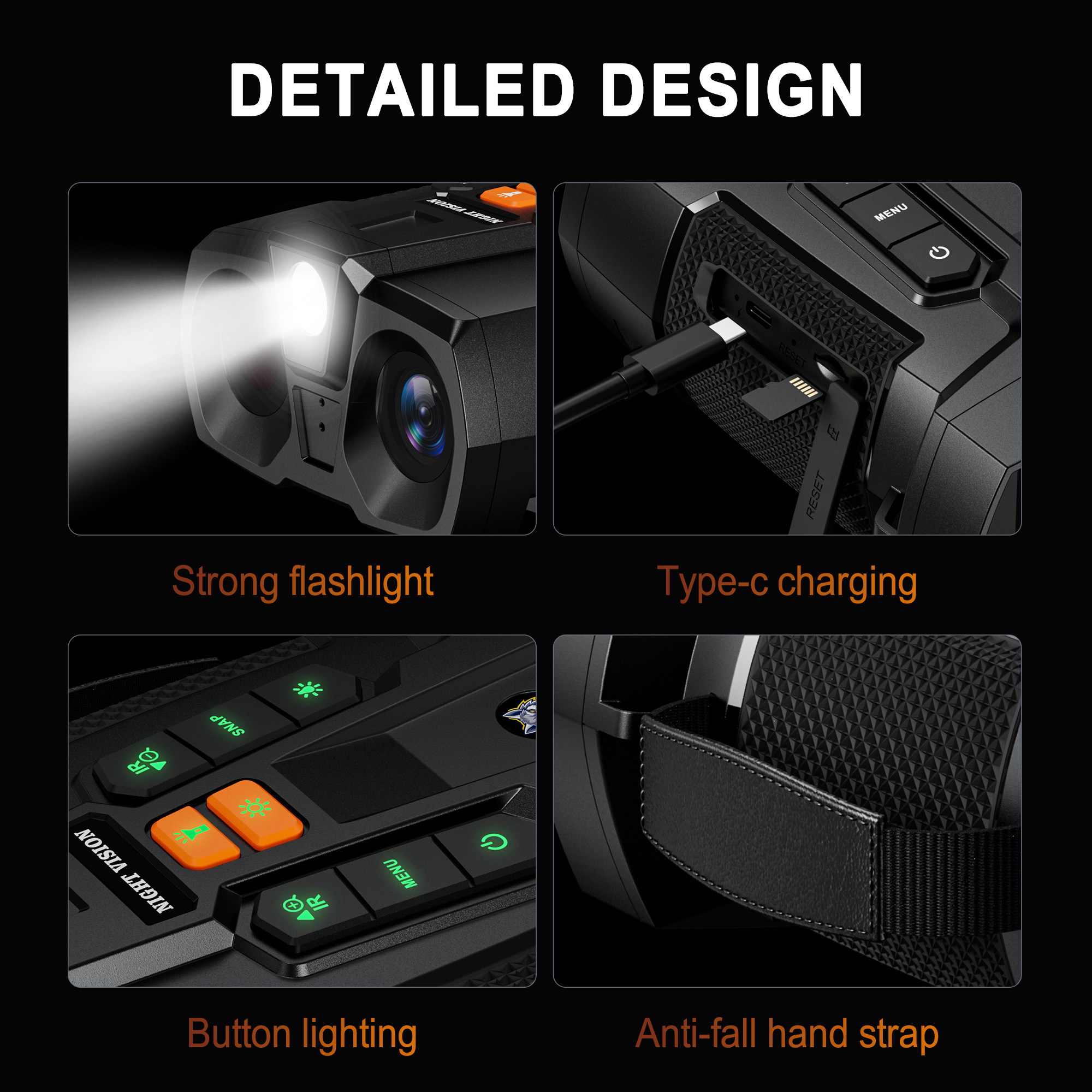 Minener NOX-V5 night vision device featuring detailed design with built-in flashlight, Type-C charging, illuminated buttons, and secure hand strap